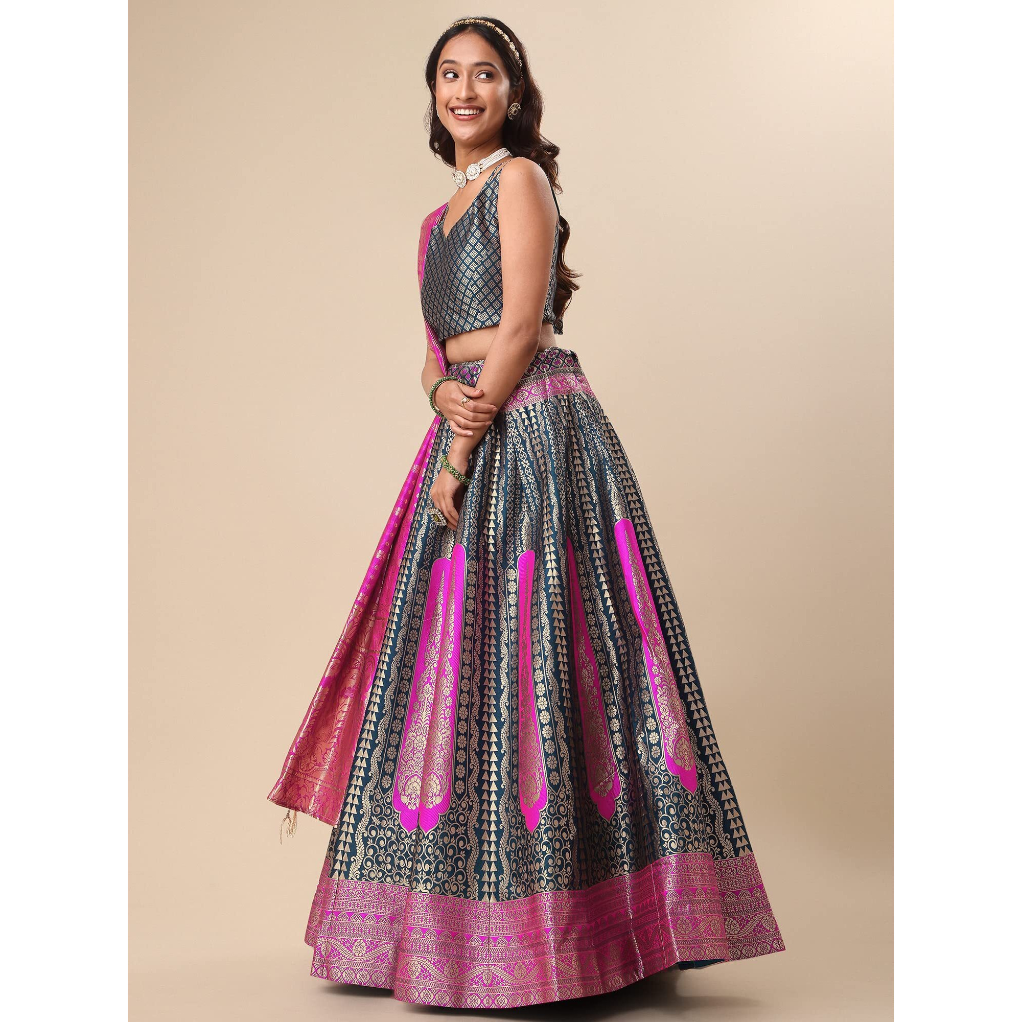 Purvaja Women's Jacquard Semi-Stitched Lehenga Choli (Lihaaz-Rama_Rama_Free Size)