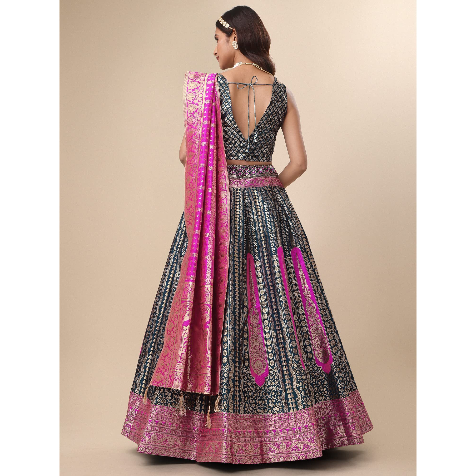Purvaja Women's Jacquard Semi-Stitched Lehenga Choli (Lihaaz-Rama_Rama_Free Size)