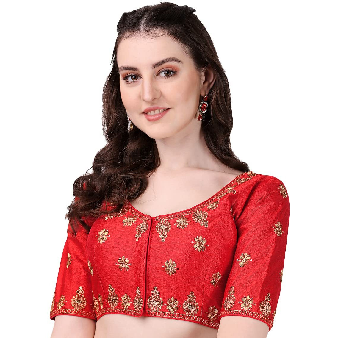 Pujia Mills Women's Silk Embroidery Coding Multi Work Readymade Saree Blouse(Reena Red_38)