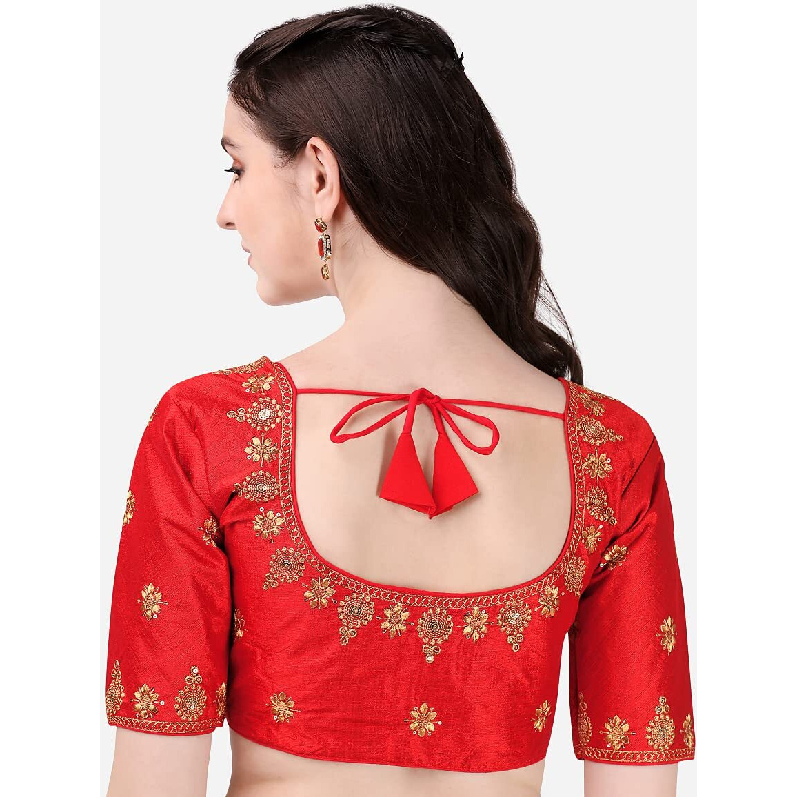 Pujia Mills Women's Silk Embroidery Coding Multi Work Readymade Saree Blouse(Reena Red_38)