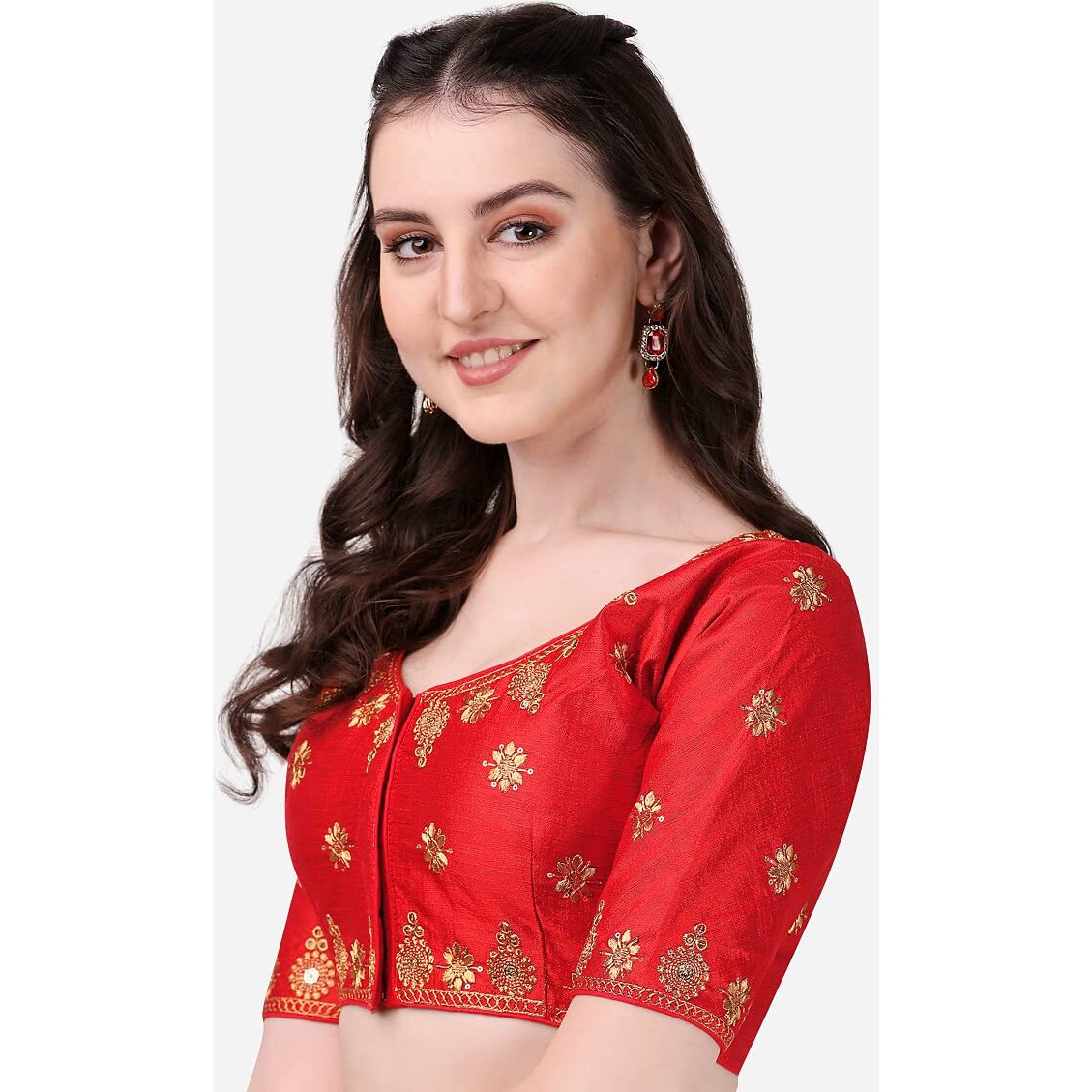 Pujia Mills Women's Silk Embroidery Coding Multi Work Readymade Saree Blouse(Reena Red_38)