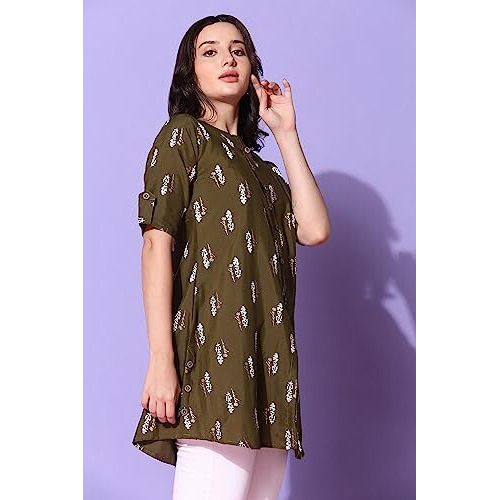 Greciilooks Women Cotton Blend Casual Regular Fit Kurti (Mahendi, Xxx-Large)