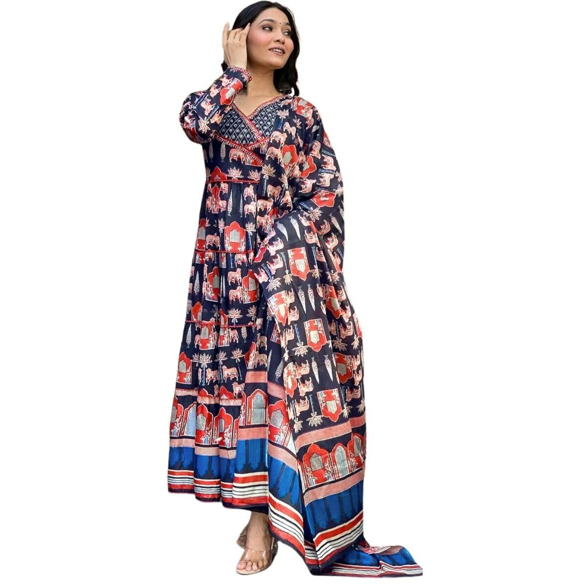 Greciilooks Women's Poly Rayon Regular Kurta Set (Gl-W.Kurta Set-K2762&P184&D122_Black_S)