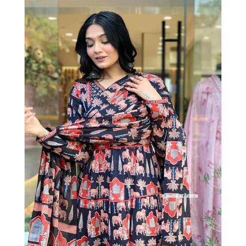 Greciilooks Women's Poly Rayon Regular Kurta Set (Gl-W.Kurta Set-K2762&P184&D122_Black_S)