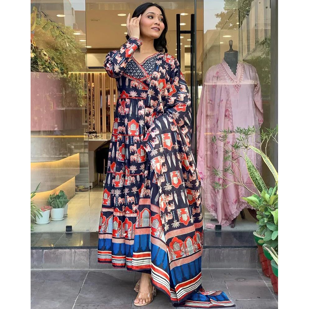 Greciilooks Women's Poly Rayon Regular Kurta Set (Gl-W.Kurta Set-K2762&P184&D122_Black_S)