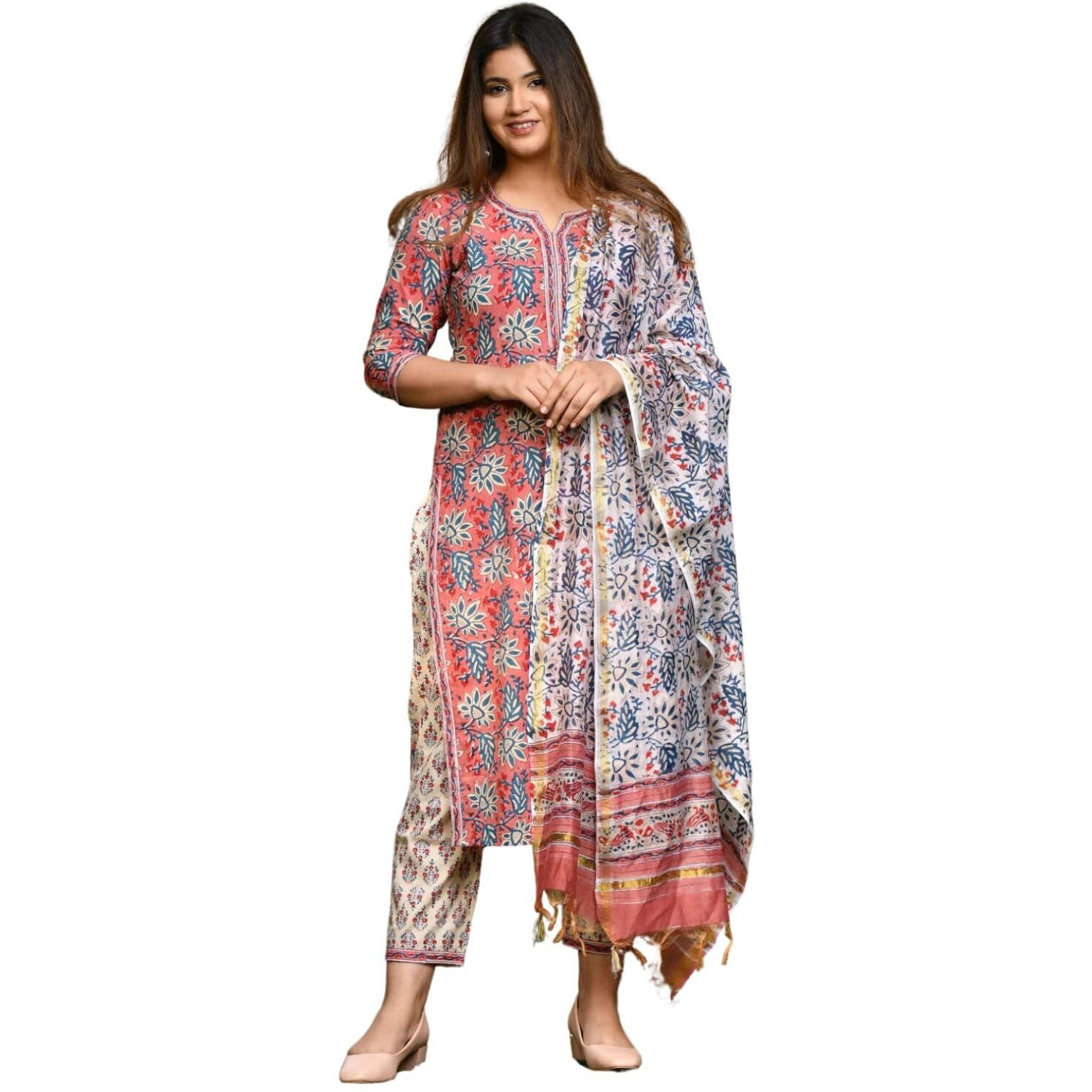 Greciilooks Womens Cotton Blend Casual Regular Fit Kurta Set (Pink, Medium)
