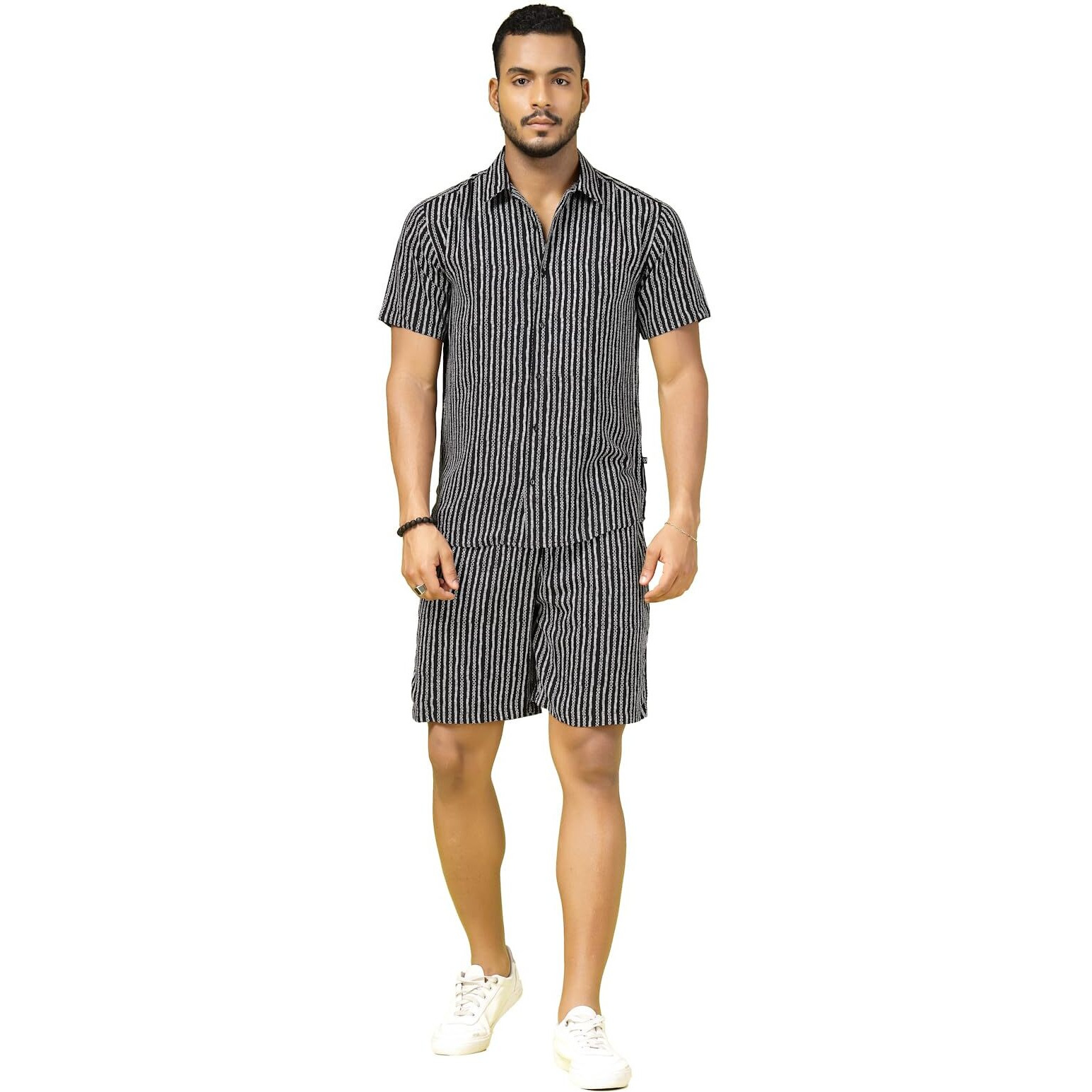 Rigo Printed Co-Ord Set For Men's | Casual Shirt & Shorts Night Suit Set | Lounge-Wear Nightdress Shorts Set For Men's | Night Wear, Beach Wear, Vacation Wear Outfit Black S