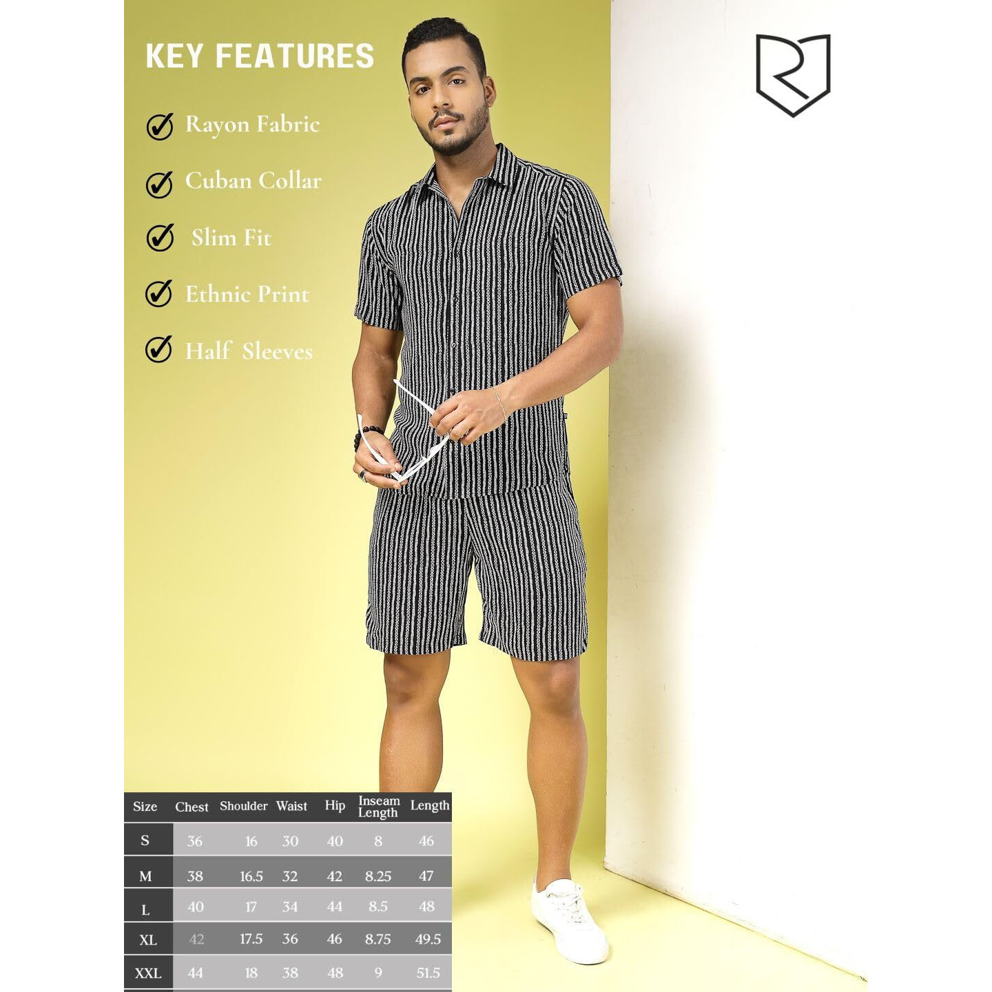 Rigo Printed Co-Ord Set For Men's | Casual Shirt & Shorts Night Suit Set | Lounge-Wear Nightdress Shorts Set For Men's | Night Wear, Beach Wear, Vacation Wear Outfit Black S