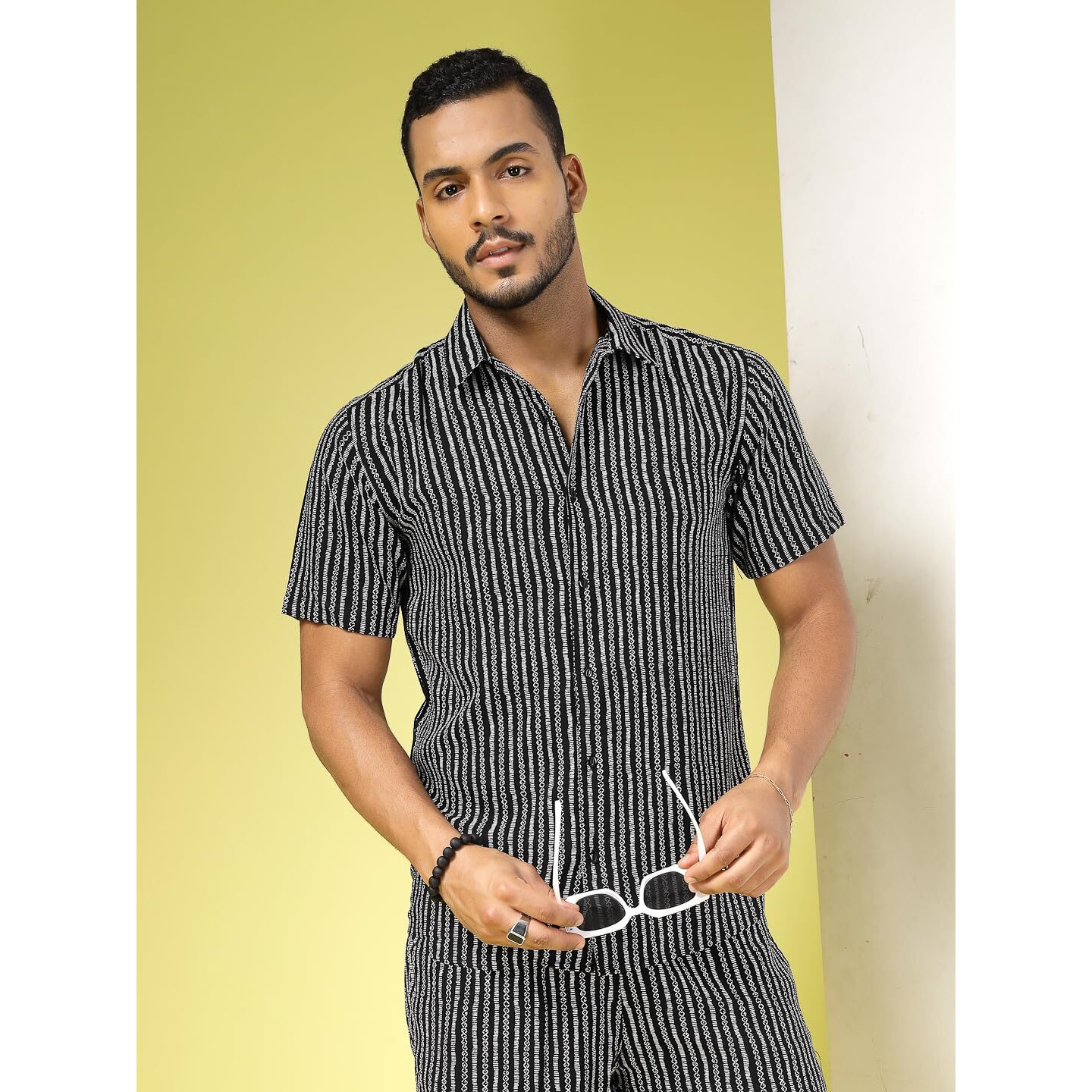 Rigo Printed Co-Ord Set For Men's | Casual Shirt & Shorts Night Suit Set | Lounge-Wear Nightdress Shorts Set For Men's | Night Wear, Beach Wear, Vacation Wear Outfit Black S