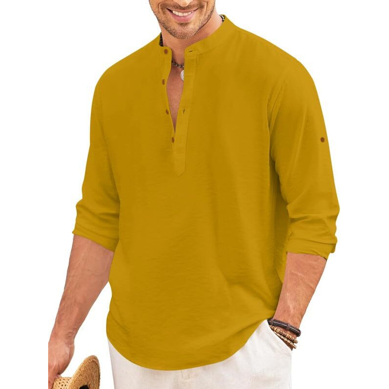 Royalscout Men's Regular Fit Solid Cotton Blend Straight Short Kurta | Full Sleeves Kurta Gold