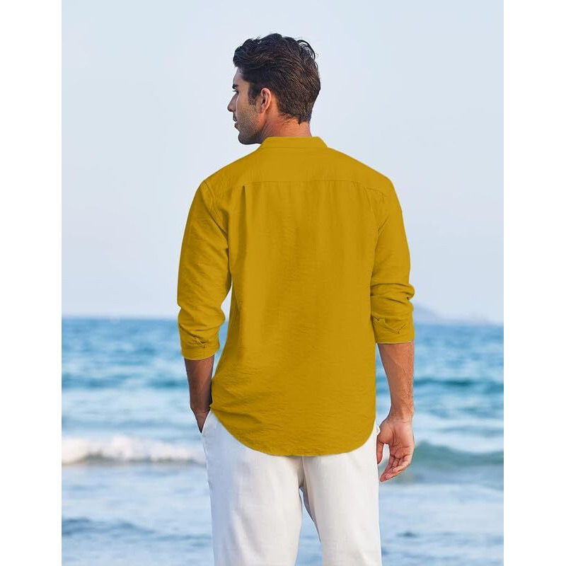 Royalscout Men's Regular Fit Solid Cotton Blend Straight Short Kurta | Full Sleeves Kurta Gold