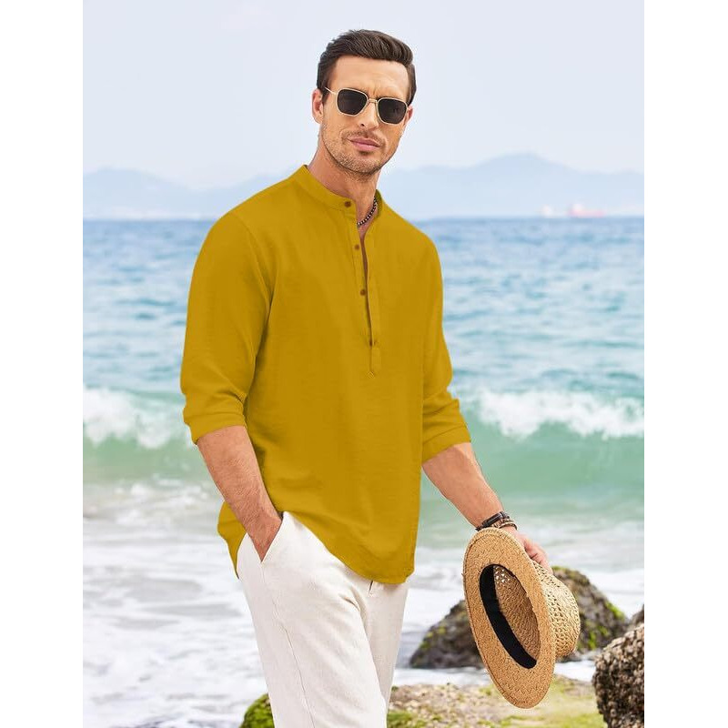Royalscout Men's Regular Fit Solid Cotton Blend Straight Short Kurta | Full Sleeves Kurta Gold