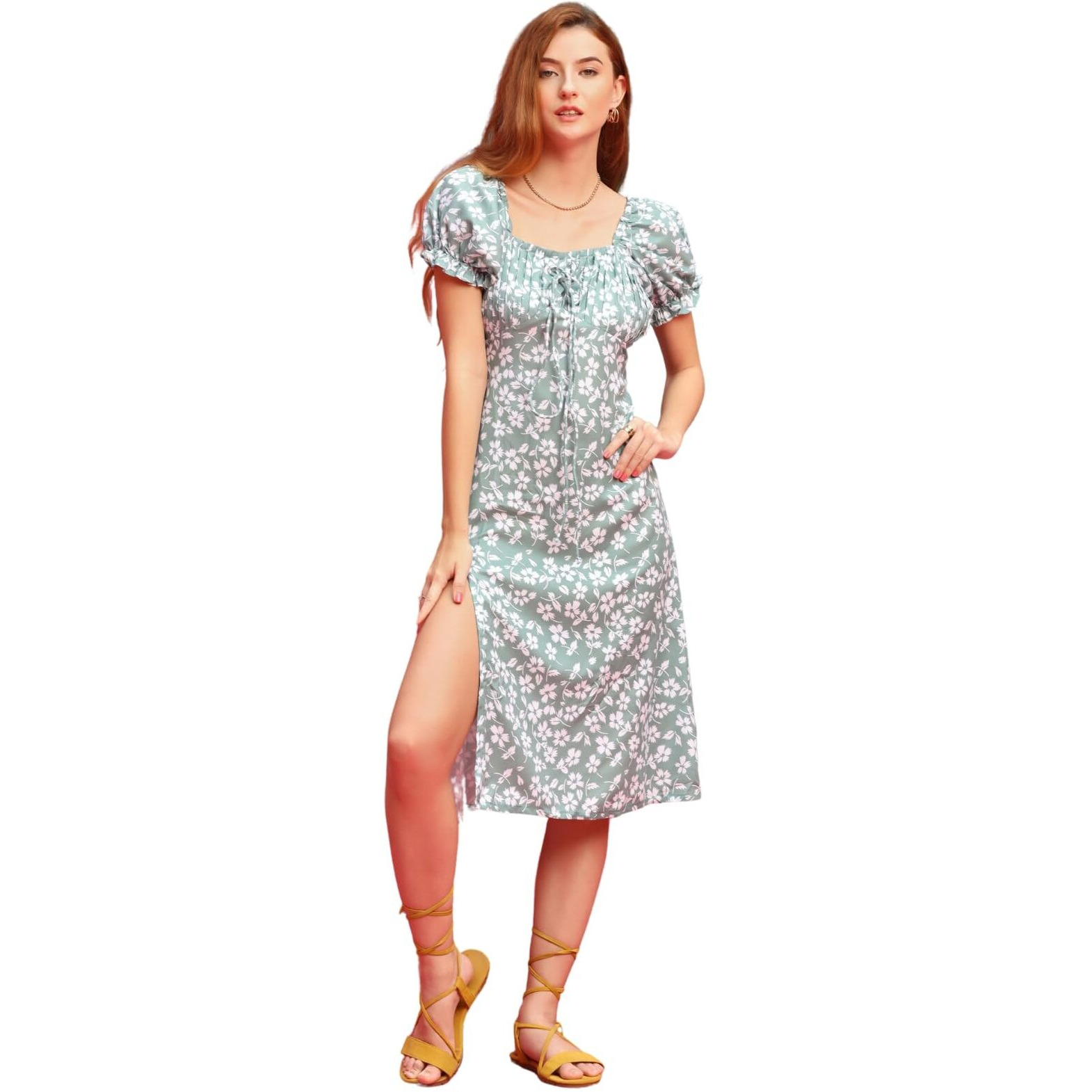Greciilooks Western Dress For Women| Rayon Flower Design| Square Neck & Leg Split Dress| Short Balloon Sleeves Dress For Girls| Outdoor Wear (Medium, Light Green)