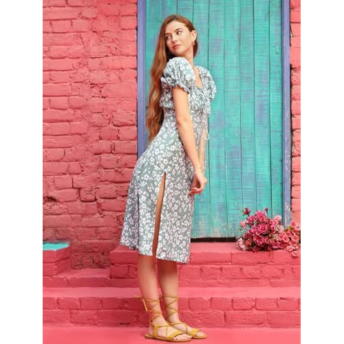 Greciilooks Western Dress For Women| Rayon Flower Design| Square Neck & Leg Split Dress| Short Balloon Sleeves Dress For Girls| Outdoor Wear (Medium, Light Green)