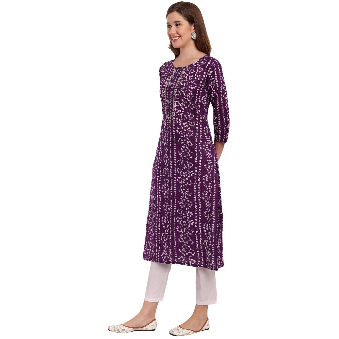 Rytras Women's Cotton Printed Straight Kurta(Purple,S)