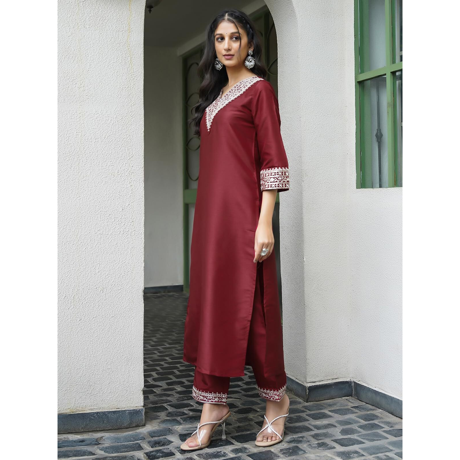 Sanisa Women's Silk Sequence And Embroidery Work Lace Straight Kurta With Pant And Dupatta Set (104Kbd1140Nb-Xl_Red)