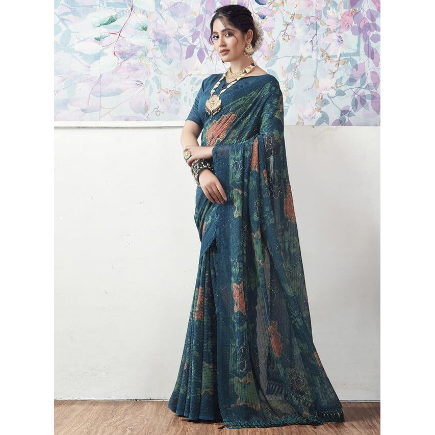 Satrani Women's Georgette Sequence Woven Zari Work Printed Saree With Unstitched Blouse Piece (3499S732N_Rama Blue & Turquoise & Multi)