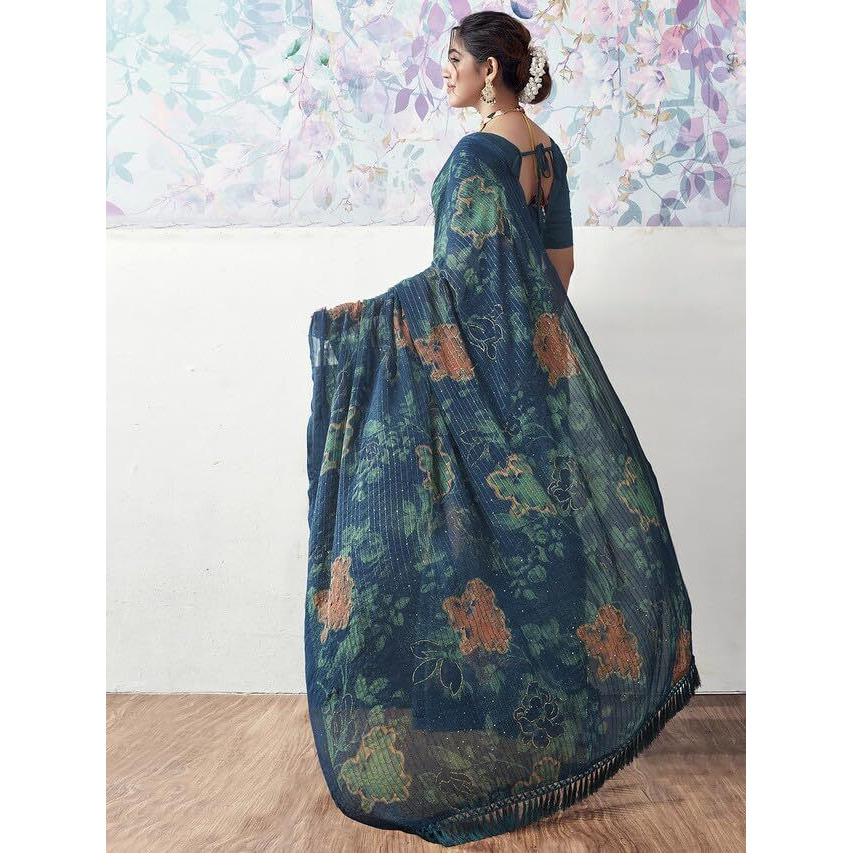 Satrani Women's Georgette Sequence Woven Zari Work Printed Saree With Unstitched Blouse Piece (3499S732N_Rama Blue & Turquoise & Multi)