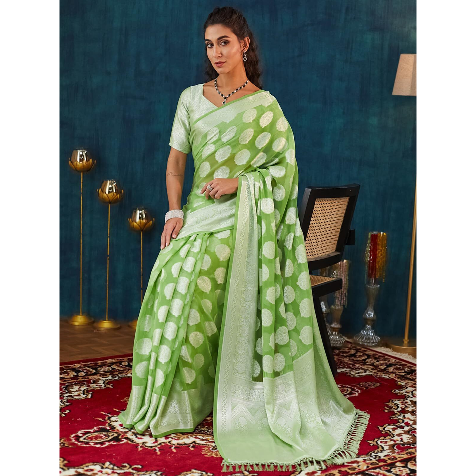 Satrani Women's Georgette Weaving Saree With Unstitched Blouse Piece (4111S6485N_Green)