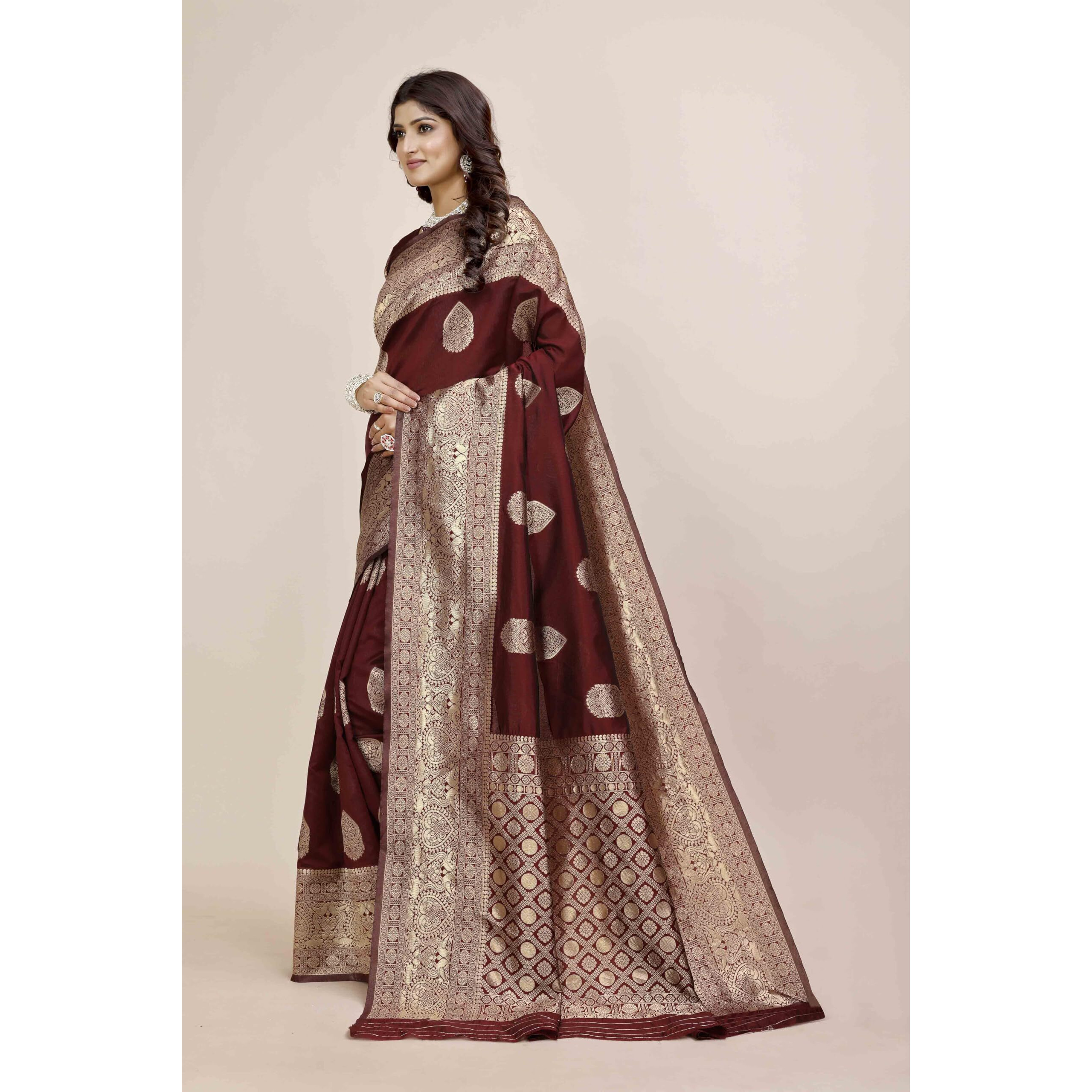 Shasmi Women's Banarasi Saree Pure Kanjivaram Silk Saree Soft New Ladies 2025 Design Wear Pattu Sarees Latest Party Sari Collections With Blouse Piece For Wedding Sadi (Pari-209) (Maroon)