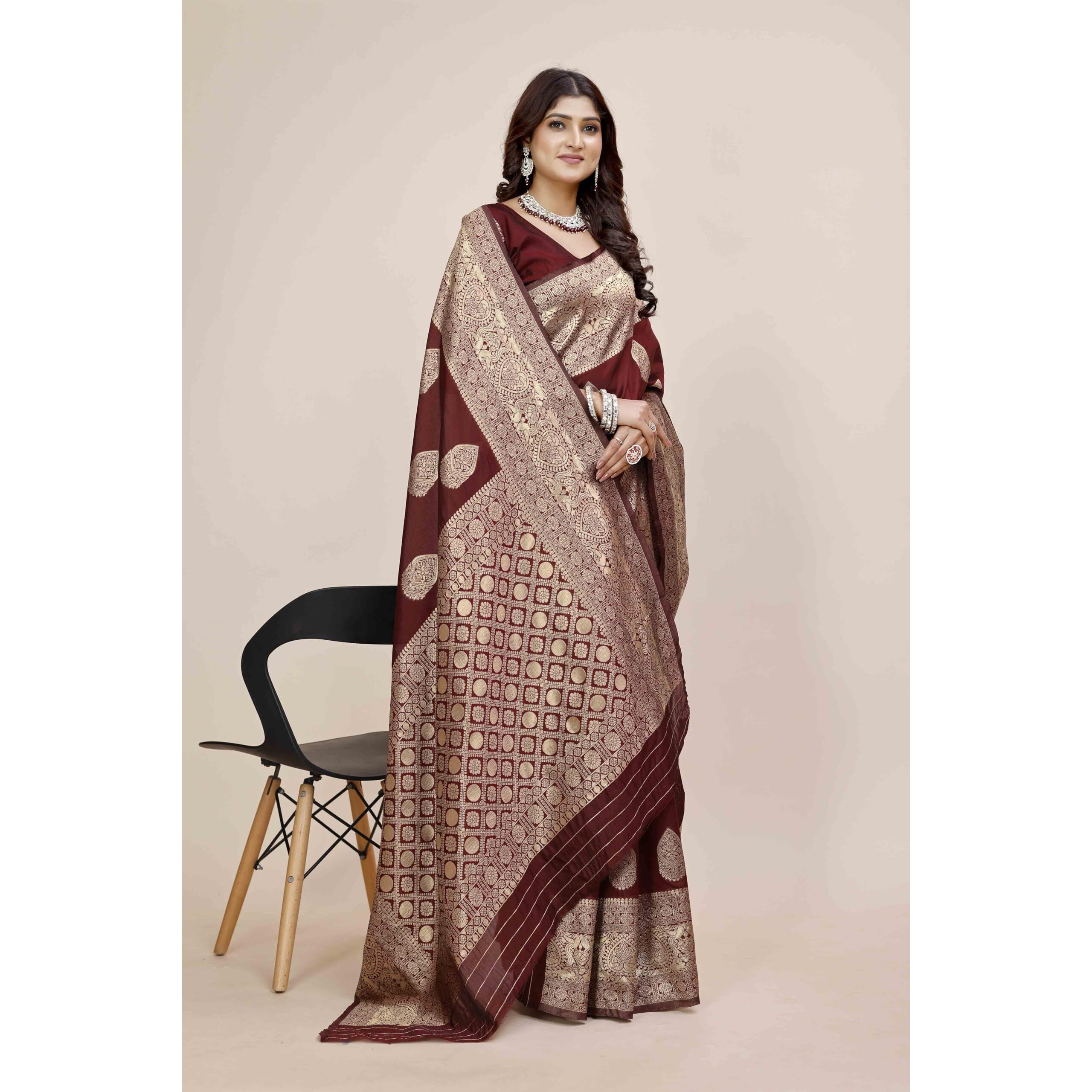 Shasmi Women's Banarasi Saree Pure Kanjivaram Silk Saree Soft New Ladies 2025 Design Wear Pattu Sarees Latest Party Sari Collections With Blouse Piece For Wedding Sadi (Pari-209) (Maroon)