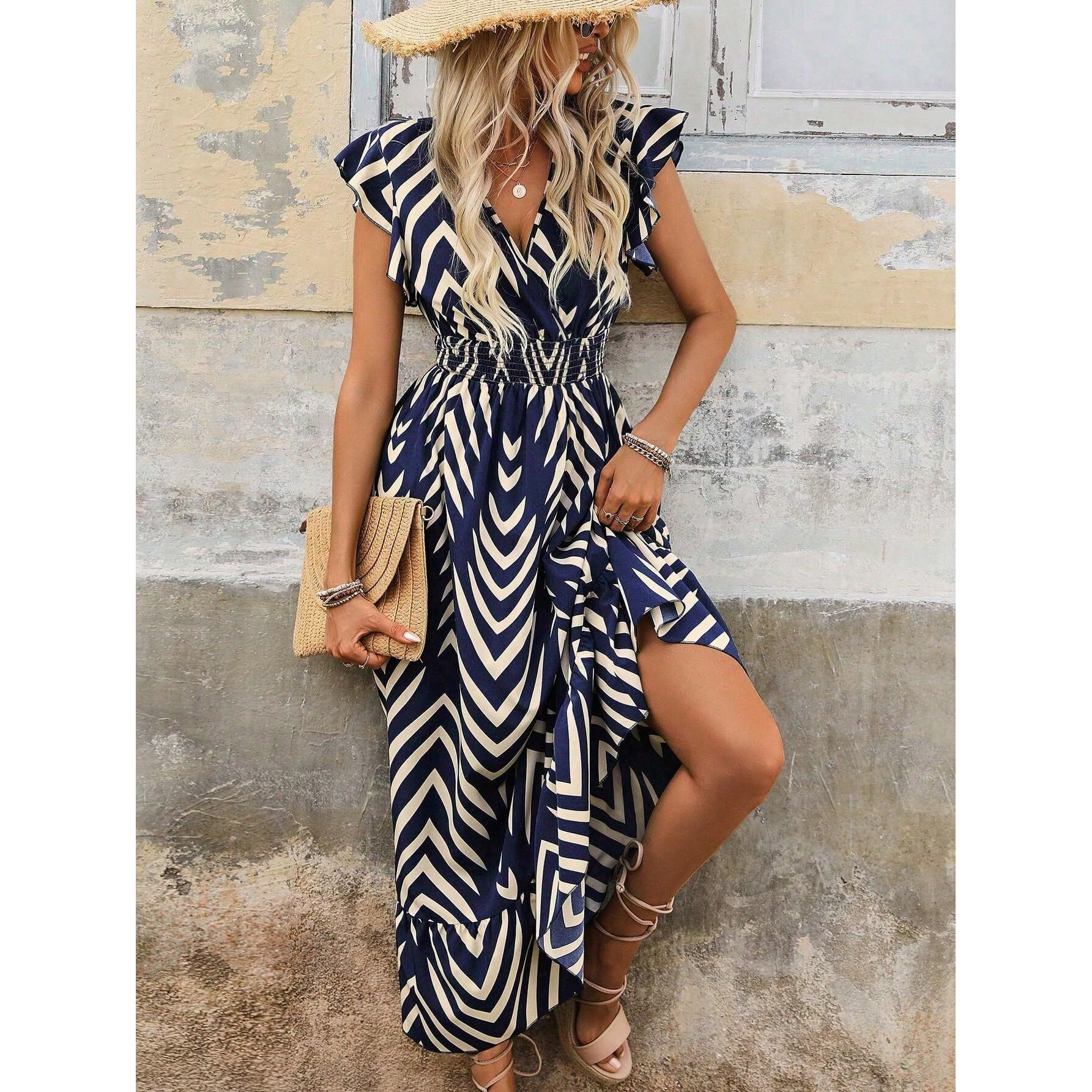 Shasmi Women's & Girl's Navy Blue V-Neck Striped Printed Dress With Ruffled Hem And Belted Waist For Vacation, One Piece Dress For Women's Casual Dress (Dress 140 N Blue-S)