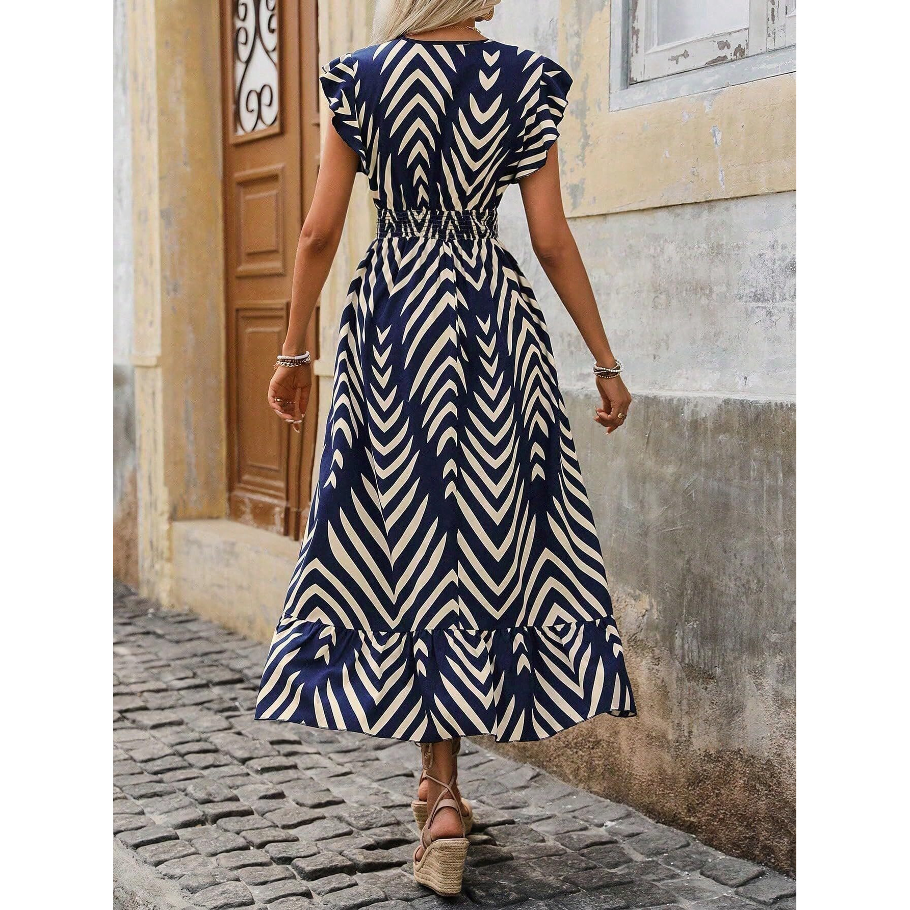 Shasmi Women's & Girl's Navy Blue V-Neck Striped Printed Dress With Ruffled Hem And Belted Waist For Vacation, One Piece Dress For Women's Casual Dress (Dress 140 N Blue-S)