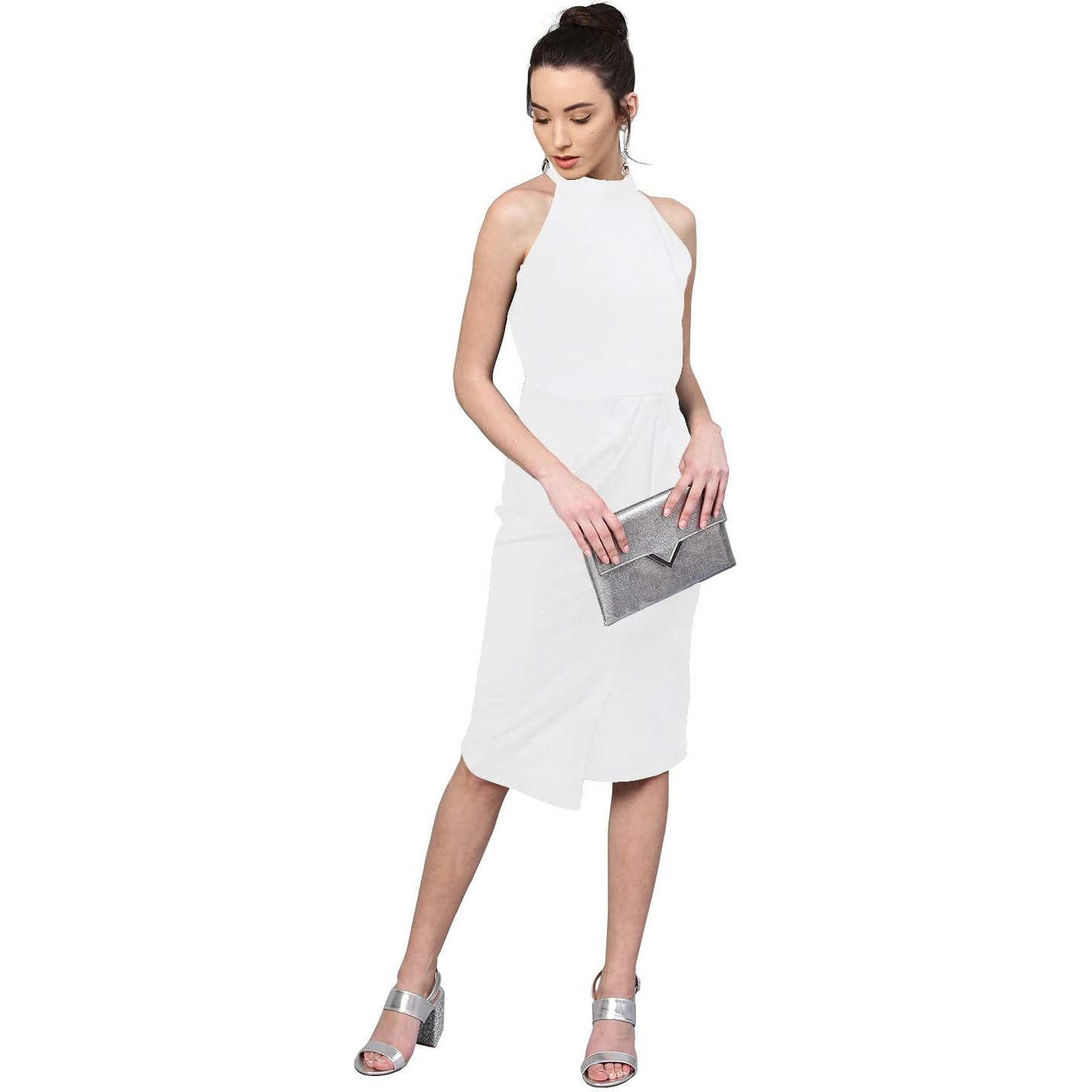 Shasmi Polyester Blend Bodycon Knee-Length Women's Elegant Halter Neck Pleated Flounce Sleeveless Midi Dress (Dresses For Tops_White_L)