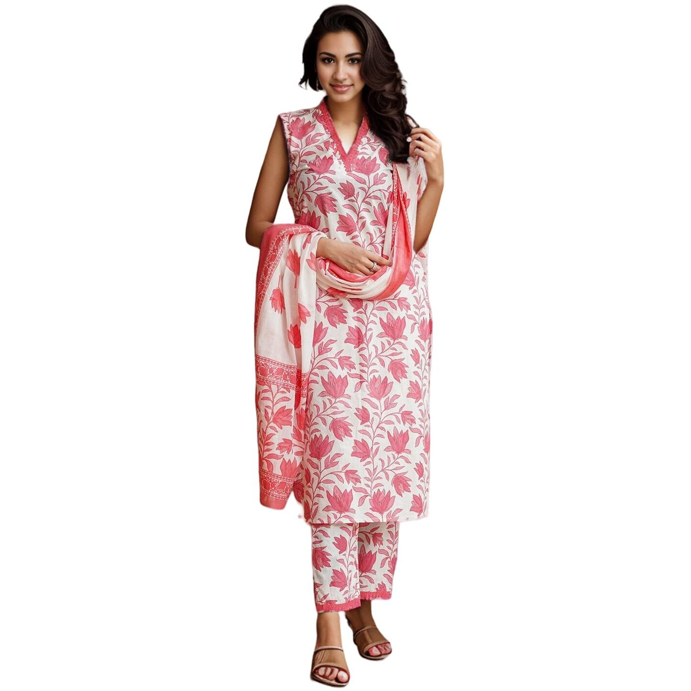 Shienzy Women's Printed Cotton Blend Sleeveless V-Neck Kurta Pant Dupatta Set || Stylish Indo-Western Kurti For Wedding, Festive, Office Or Formal & Casual Summer Wear (Shz1429_Maroon_L)