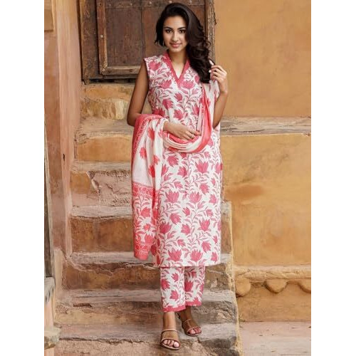 Shienzy Women's Printed Cotton Blend Sleeveless V-Neck Kurta Pant Dupatta Set || Stylish Indo-Western Kurti For Wedding, Festive, Office Or Formal & Casual Summer Wear (Shz1429_Maroon_L)
