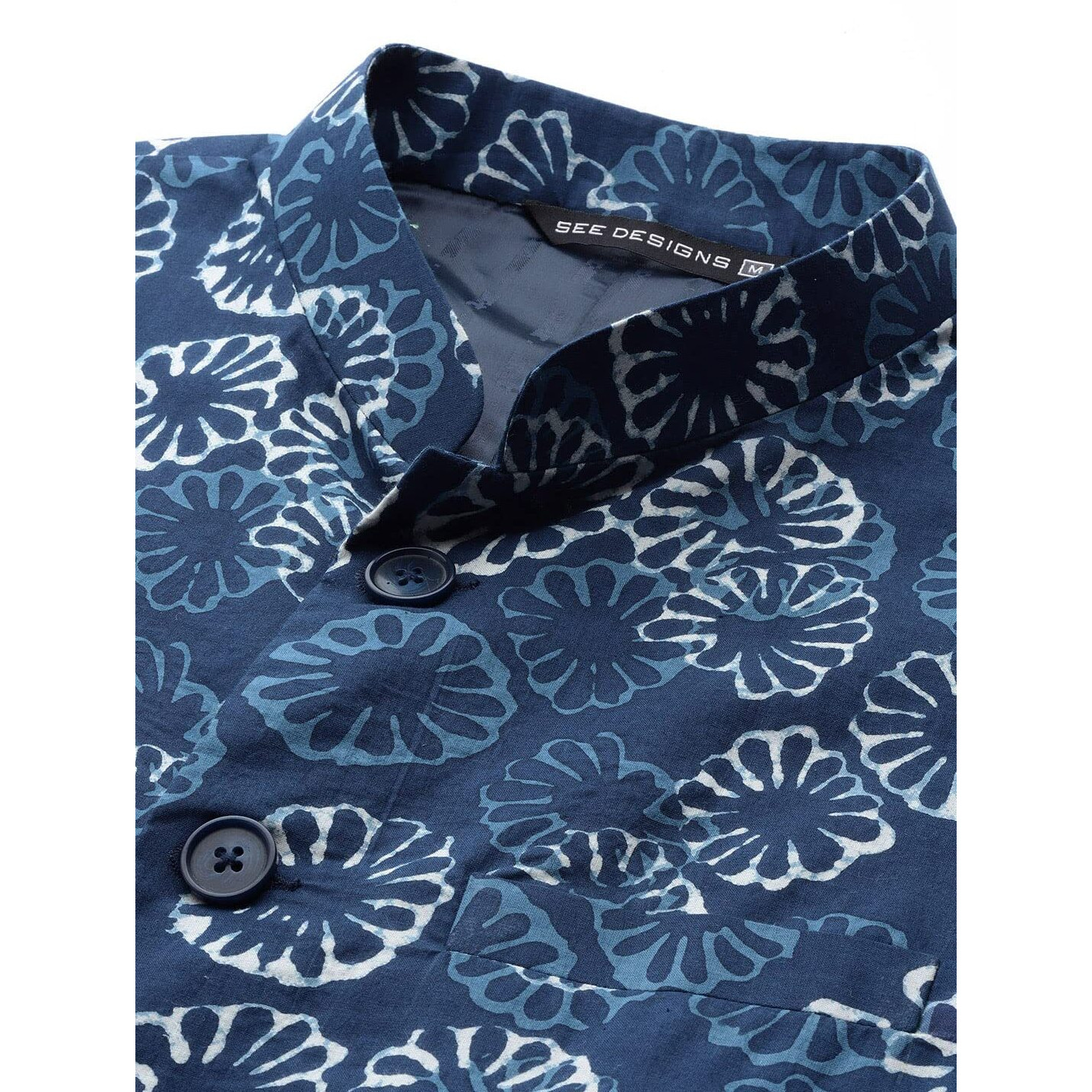 See Designs Men Blue & Beige Printed Pure Cotton Kurta Pyjama With Nehru Jacket_Sdnj22401Xs