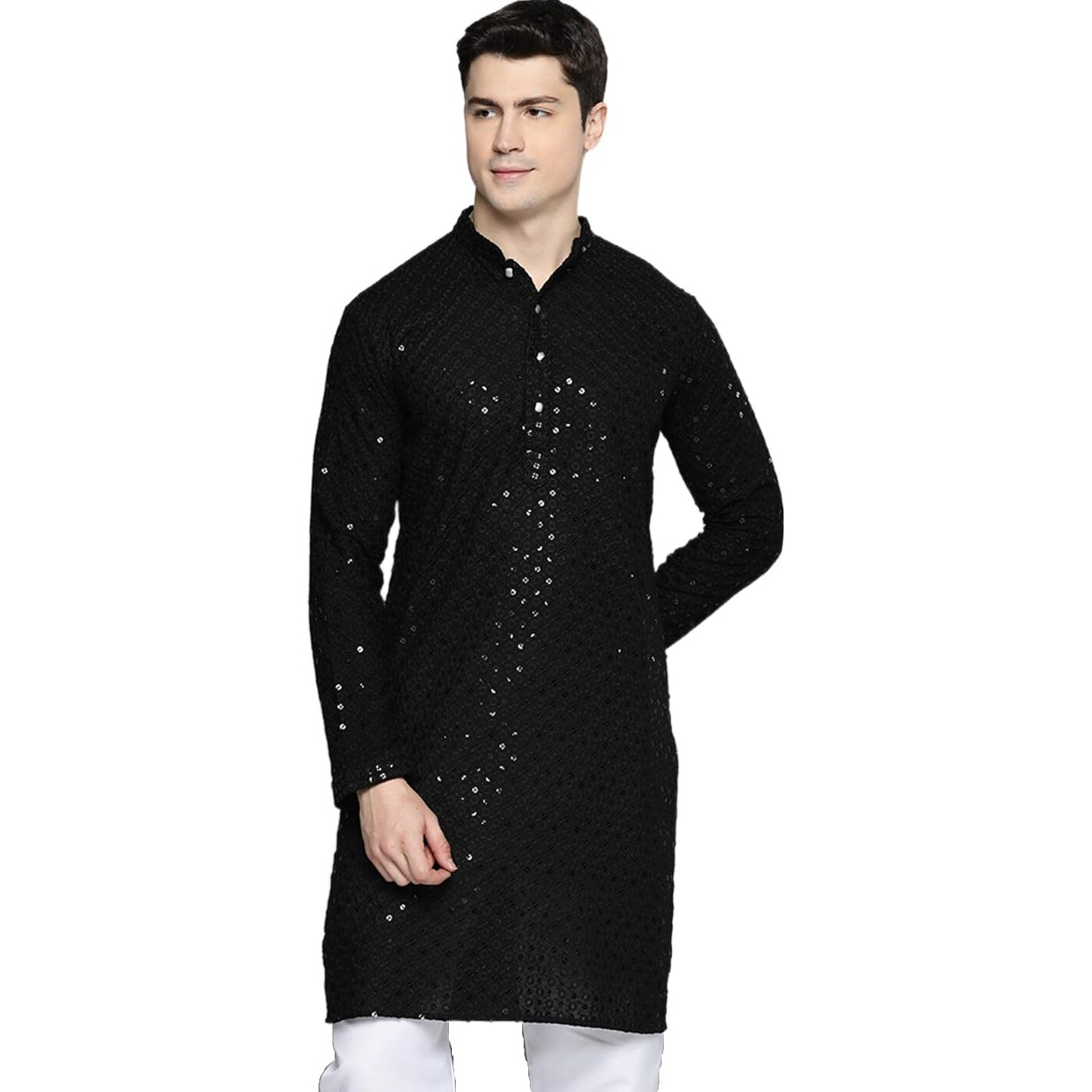 Jompers Mens Black Chikankari Embroidered And Sequence Kurtas (Black, S)