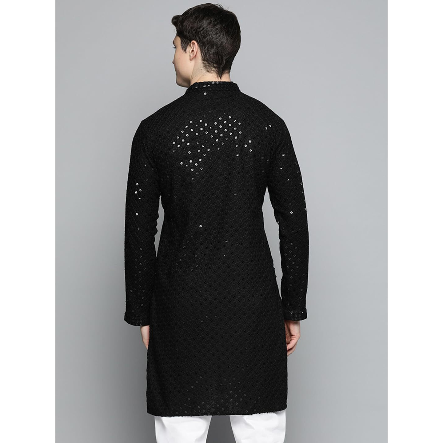 Jompers Mens Black Chikankari Embroidered And Sequence Kurtas (Black, S)