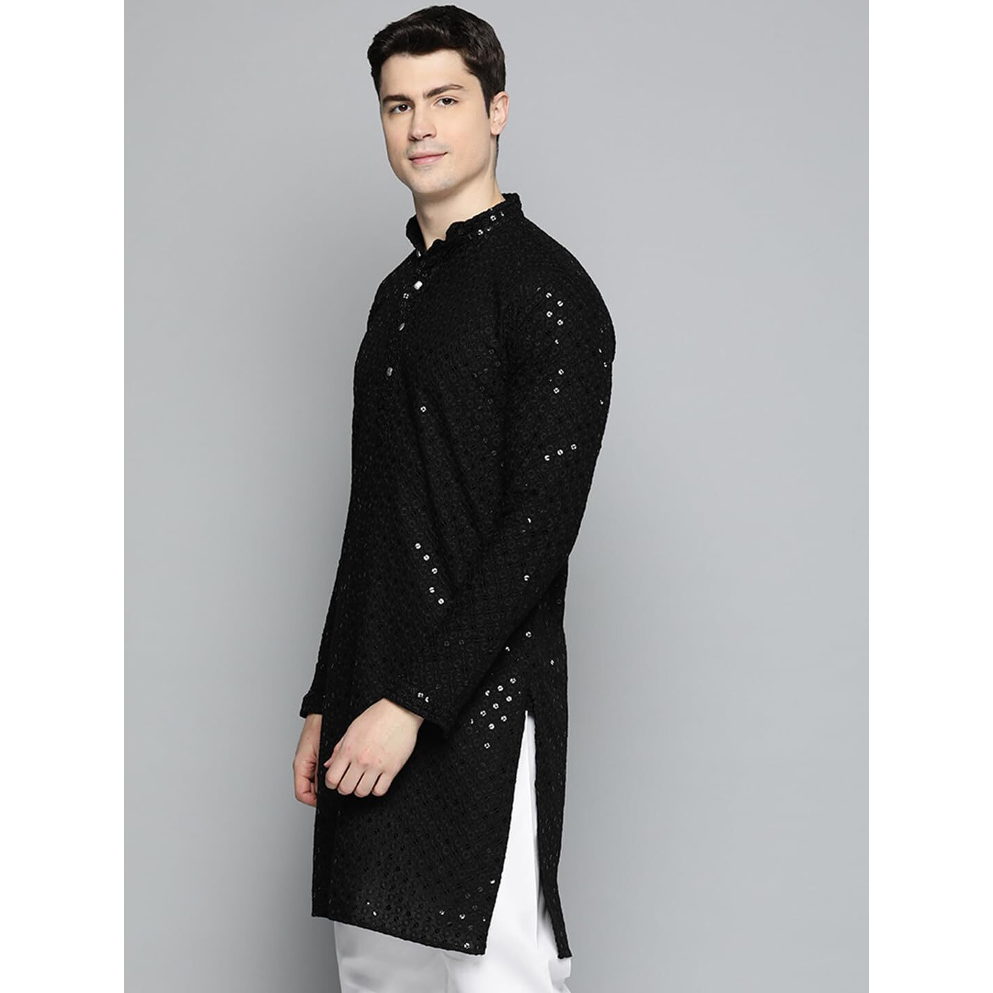 Jompers Mens Black Chikankari Embroidered And Sequence Kurtas (Black, S)