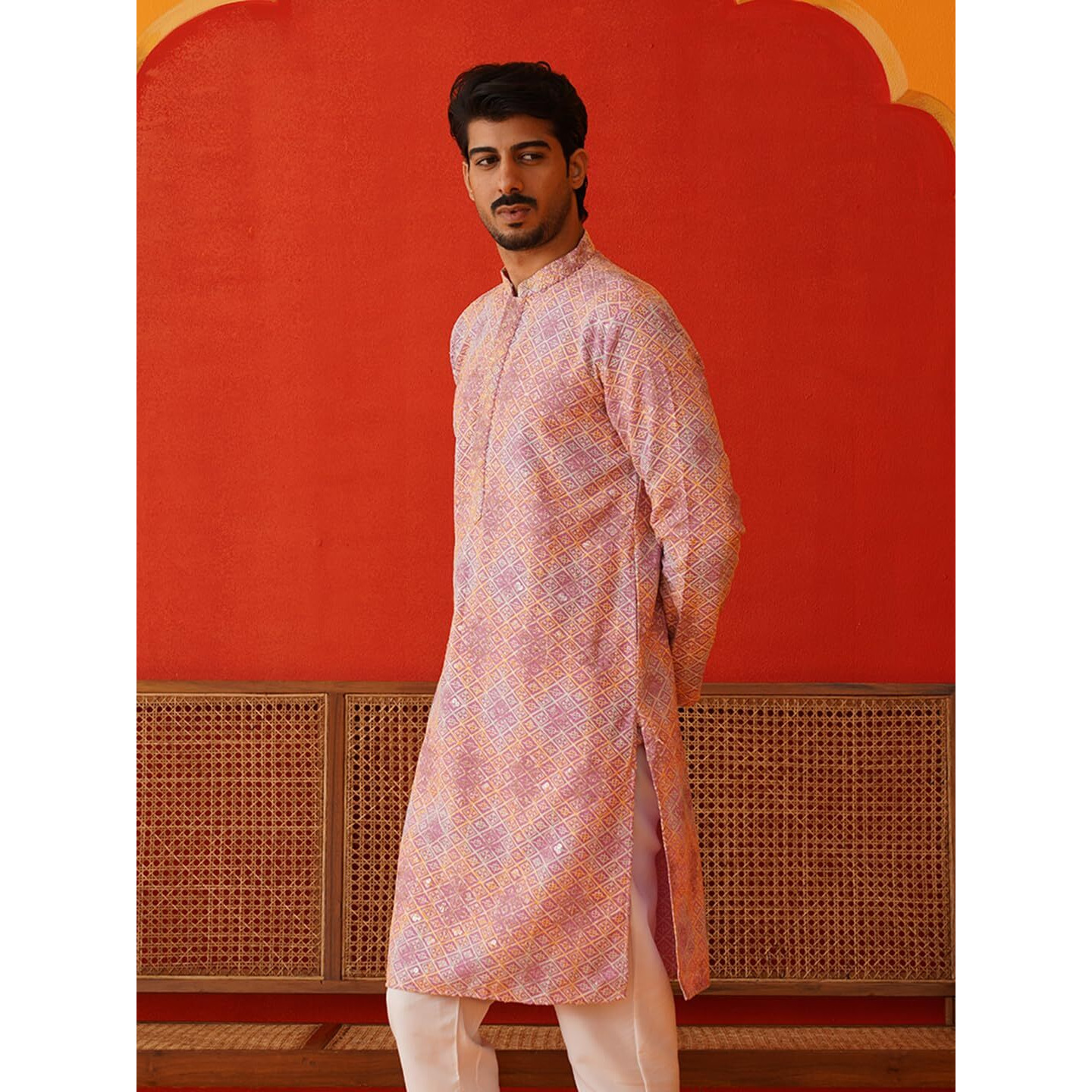 Jompers Pink Embroidered Staight Kurtas For Men (Pink, S)