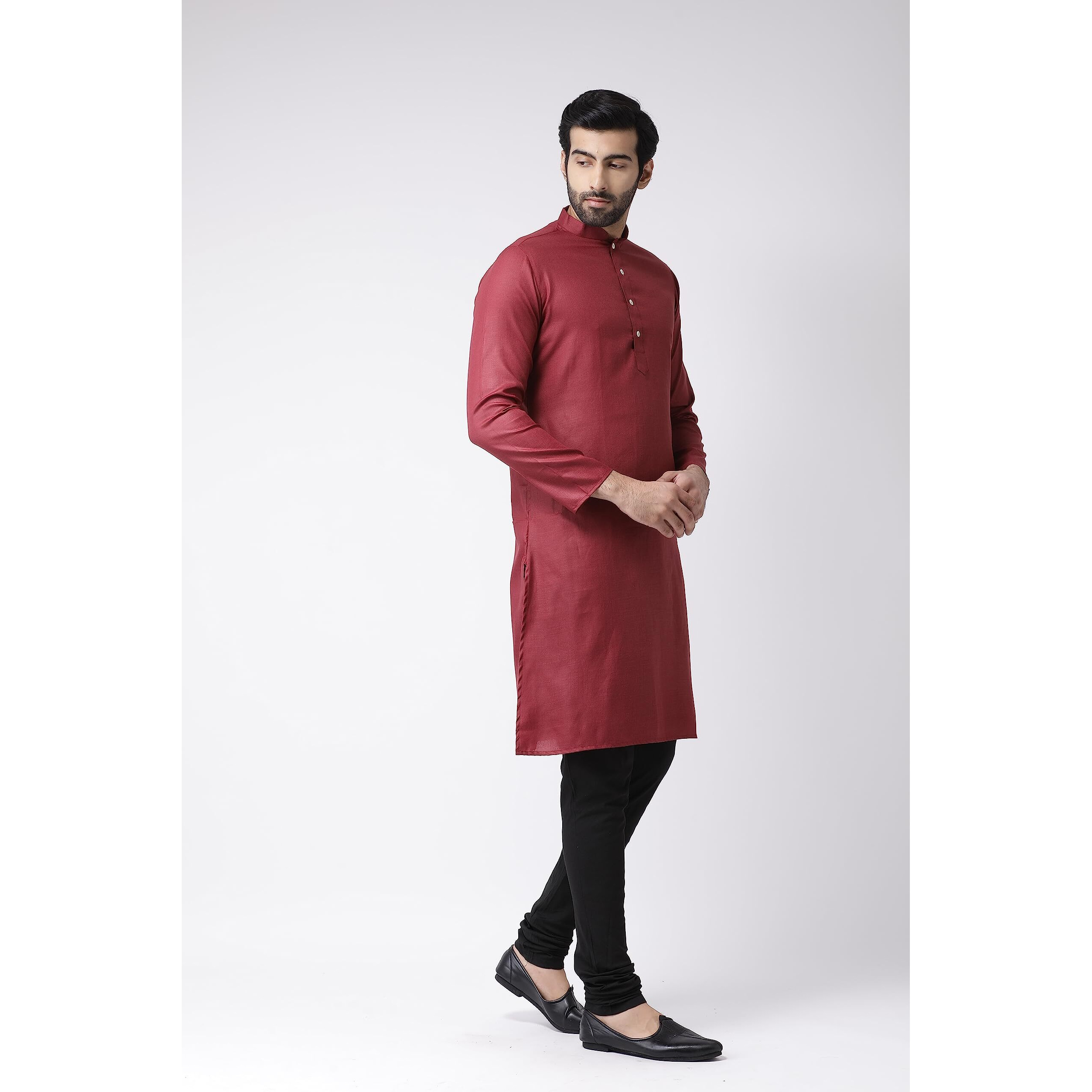 Kisah Cotton Blend Maroon Kurta For Men, Full Sleaves, Knee Length, Straight, Regular Fit, Mandarin Collar, Geometric Embroidered Mirror Work Ethnic Casual