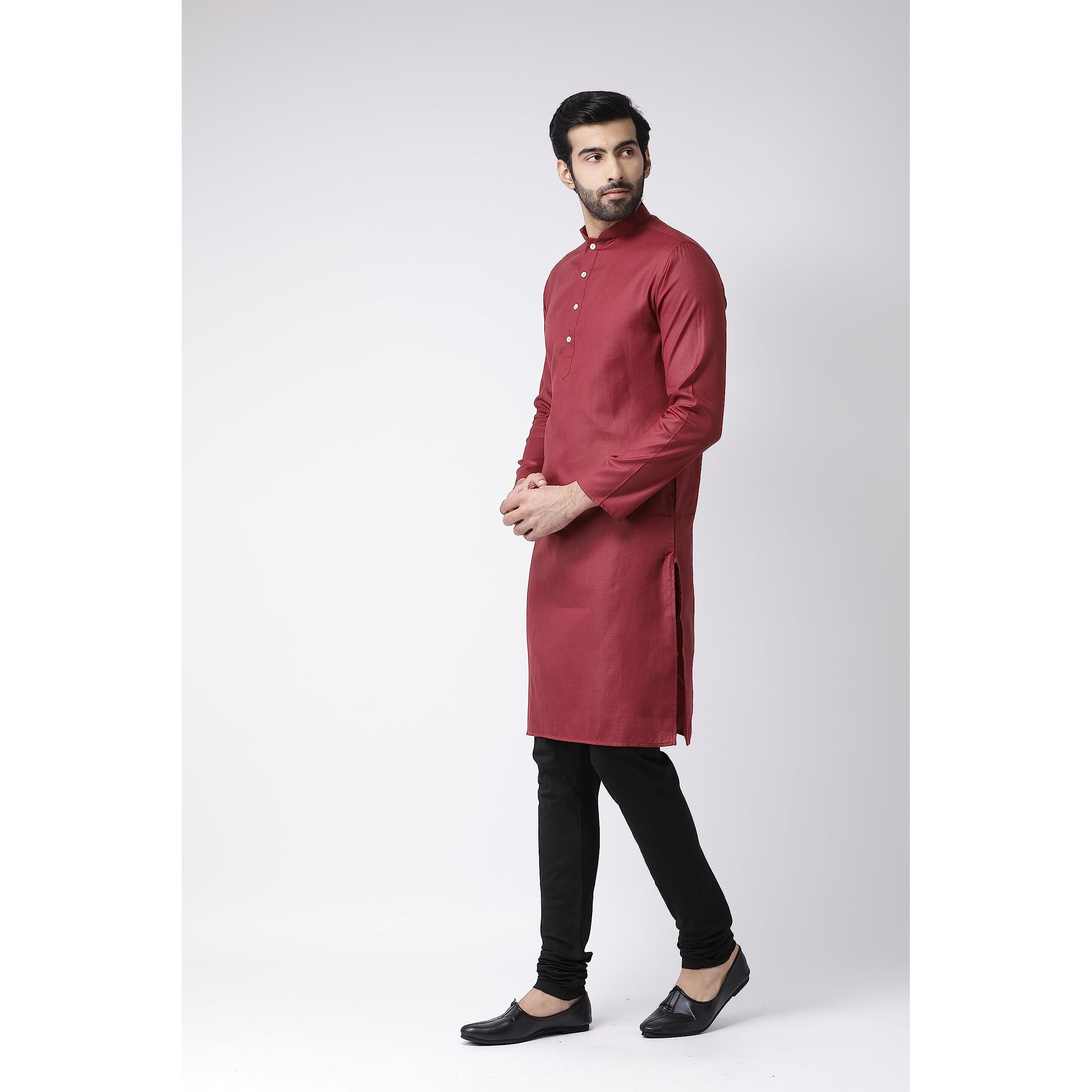 Kisah Cotton Blend Maroon Kurta For Men, Full Sleaves, Knee Length, Straight, Regular Fit, Mandarin Collar, Geometric Embroidered Mirror Work Ethnic Casual