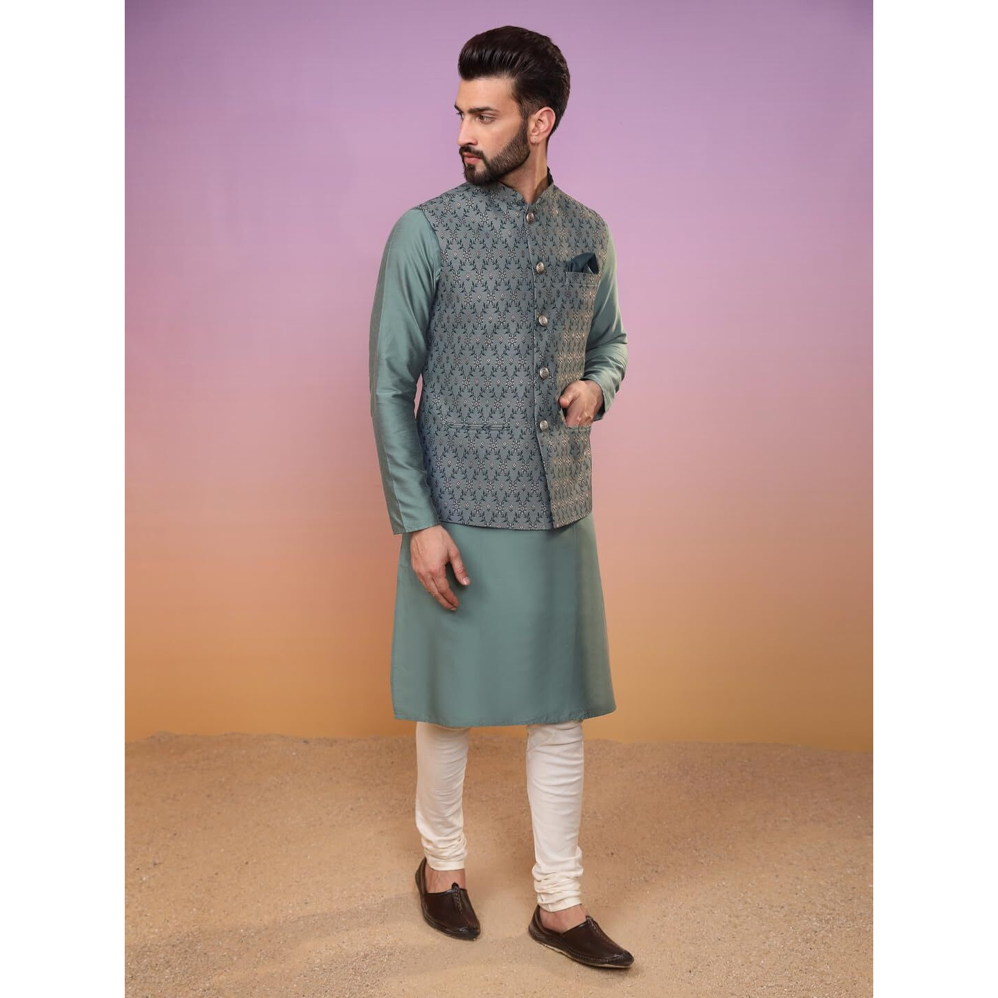 Kisah Men Olive Green Kurta Jacket Set Blended Fabric Full Sleaves, Knee Length, Regular Fit, Mandarin Collar Ethnic Wear