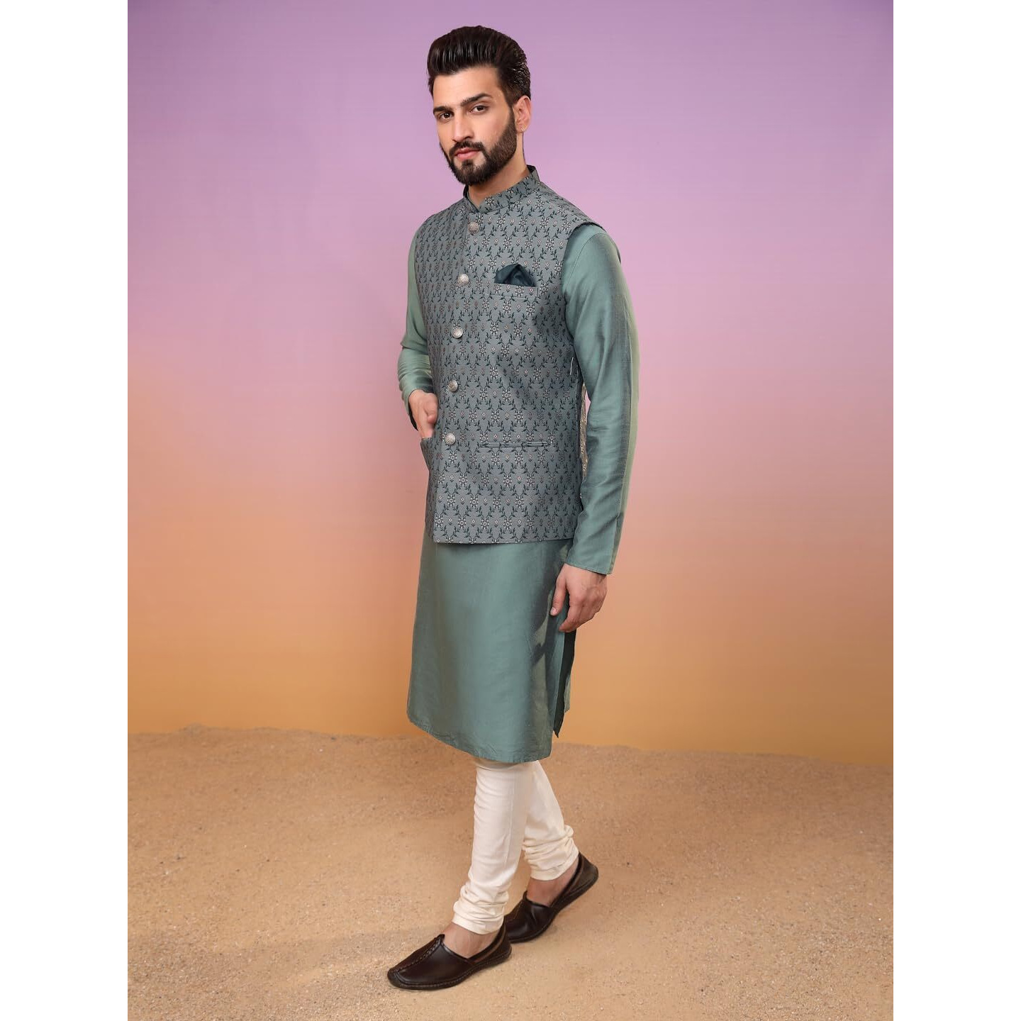 Kisah Men Olive Green Kurta Jacket Set Blended Fabric Full Sleaves, Knee Length, Regular Fit, Mandarin Collar Ethnic Wear