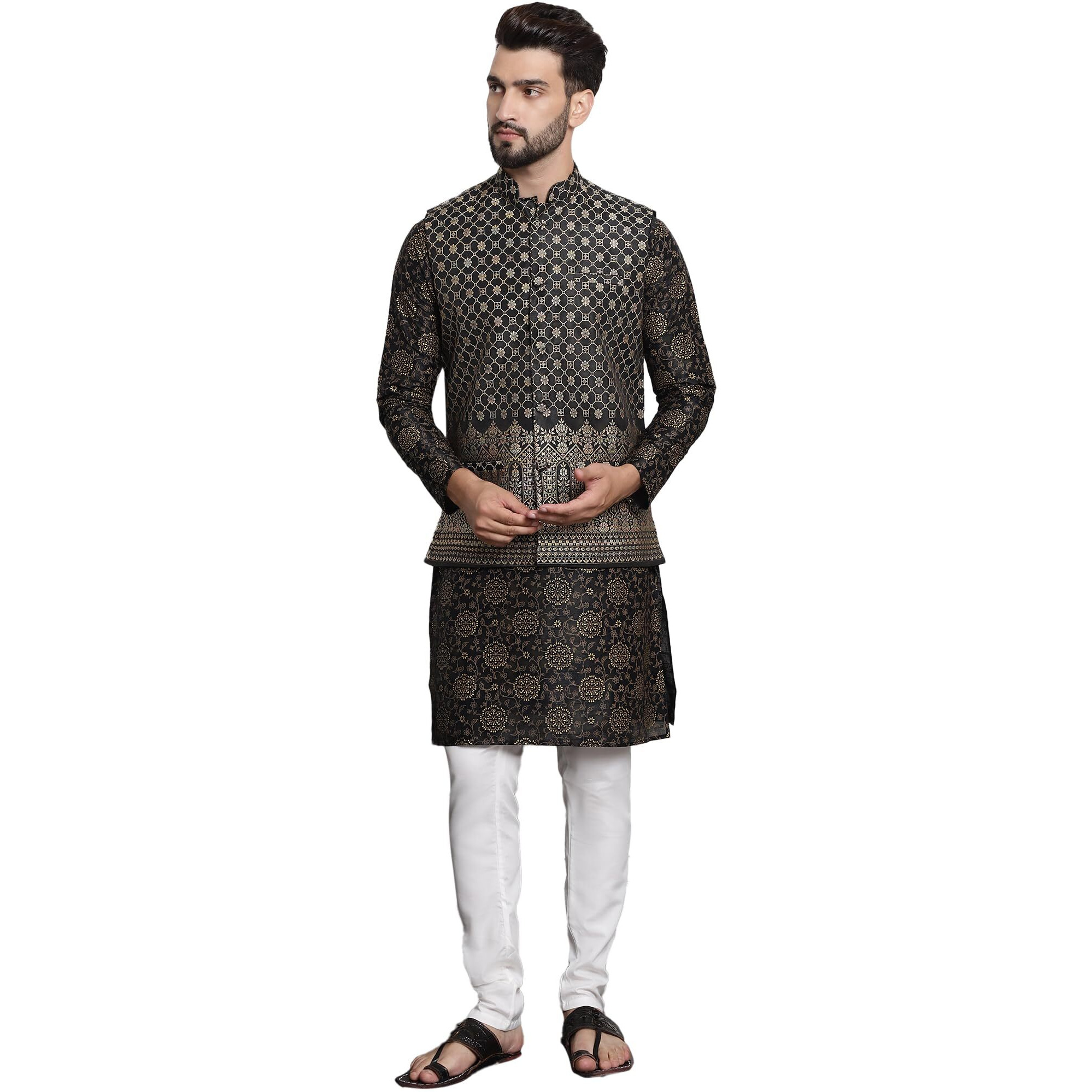 Sojanya (Since 1958 Men's Silk Blend Print Black Kurta And Cream Pyjama With Black Nehru Jacket