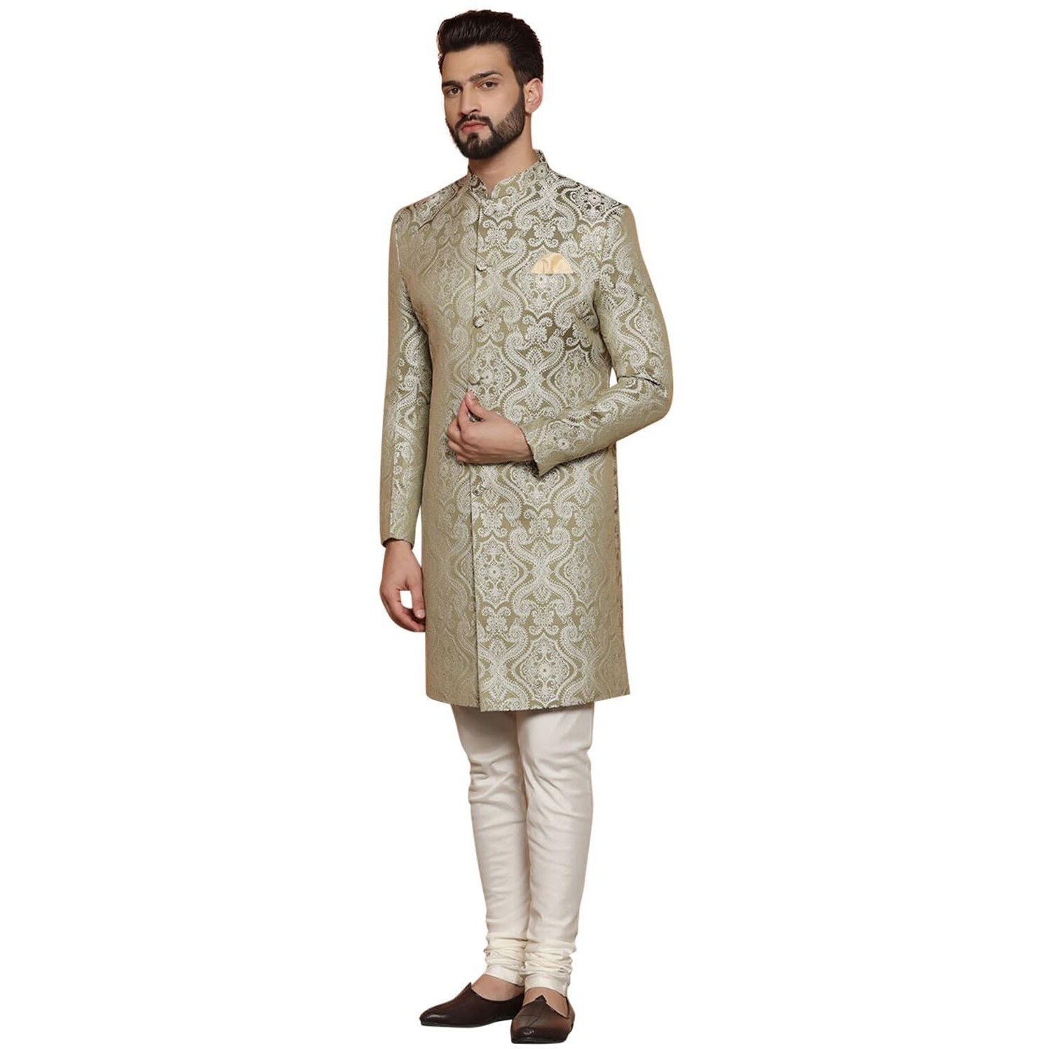 Kisah Sherwani For Men Wedding  Embroidered Indo Western Sherwani With Churidar | Designer Ethnic Outfit For Groom & Festivals, Olive, 36