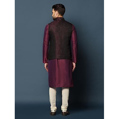 Kisah Men's Maroon Kurta Jacket Churidar Set Cotton Blend, Woven Design, Full Sleeves, Straight, Regular Fit, Mandarin Collar, Ethnic Wear