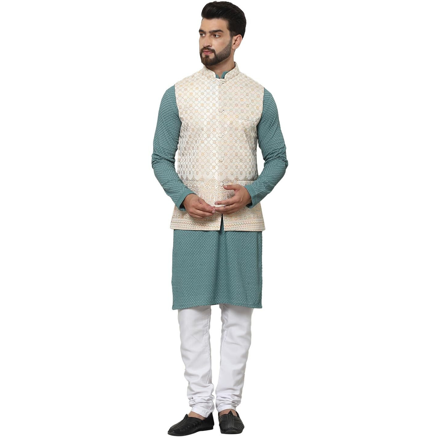 Sojanya (Since 1958 Men's Pure Cotton Sea Green Kurta And White Pyjama With Cream Nehru Jacket
