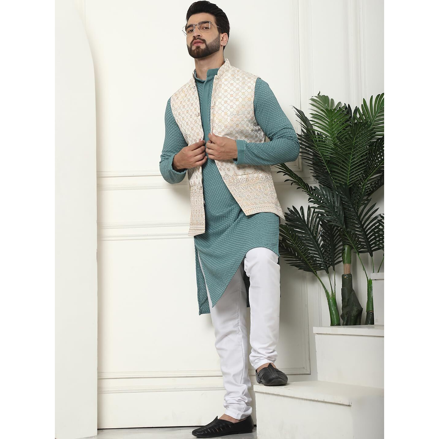 Sojanya (Since 1958 Men's Pure Cotton Sea Green Kurta And White Pyjama With Cream Nehru Jacket