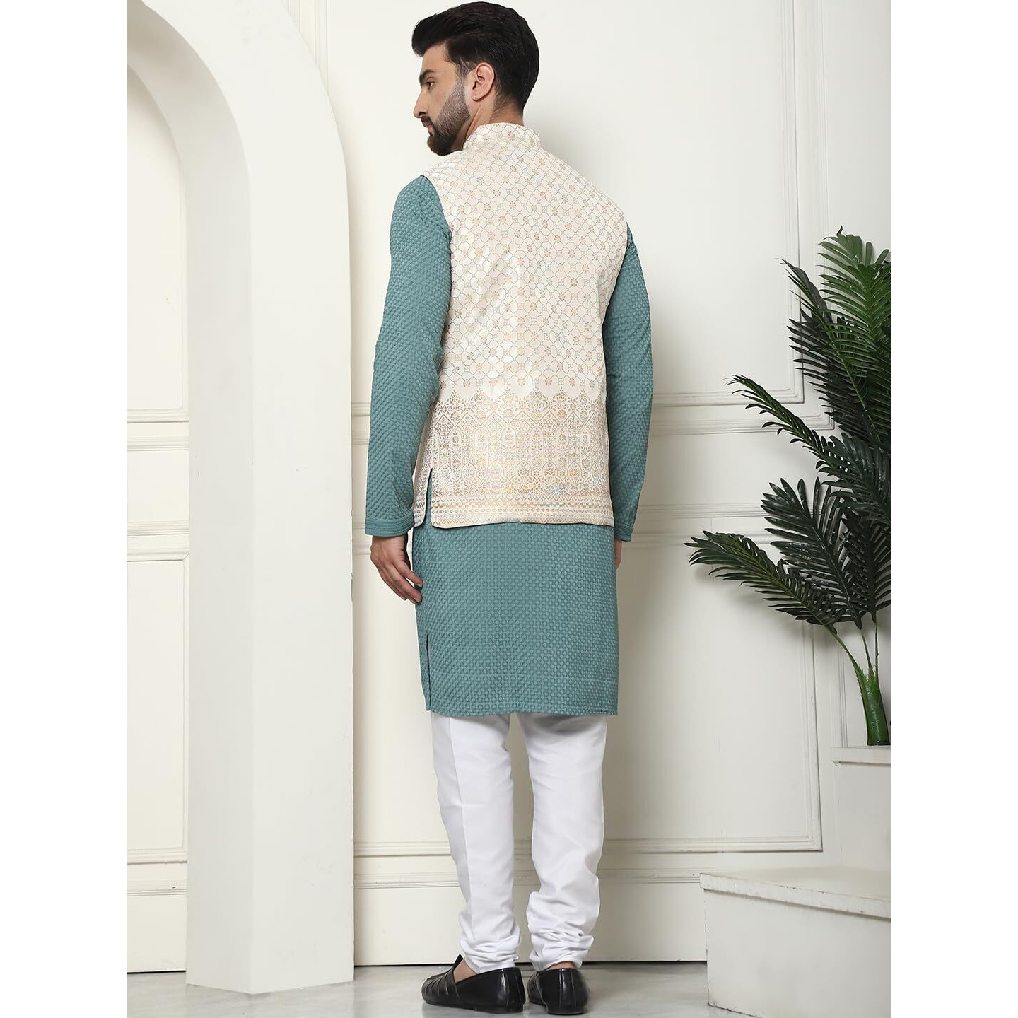 Sojanya (Since 1958 Men's Pure Cotton Sea Green Kurta And White Pyjama With Cream Nehru Jacket