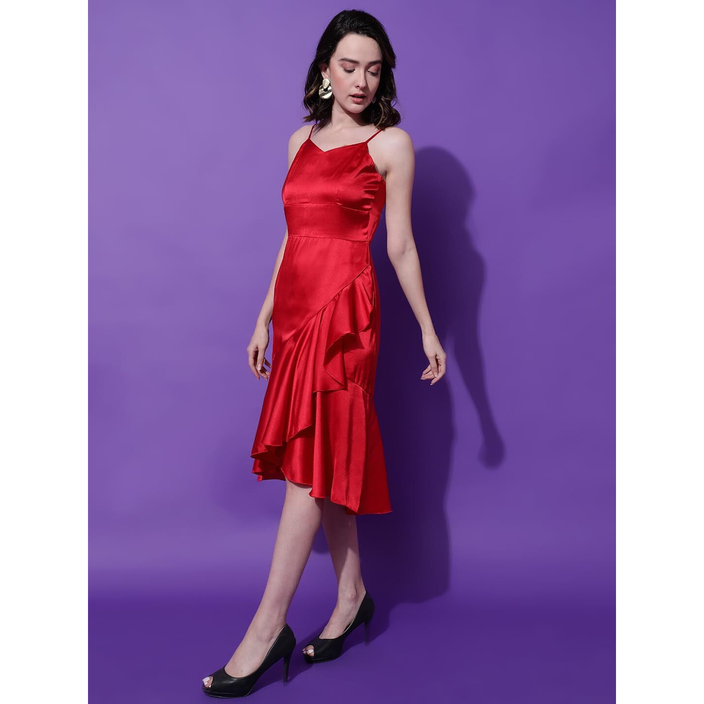 Kotty Women's Satin Fit Flare Midi Dress(Red,S)