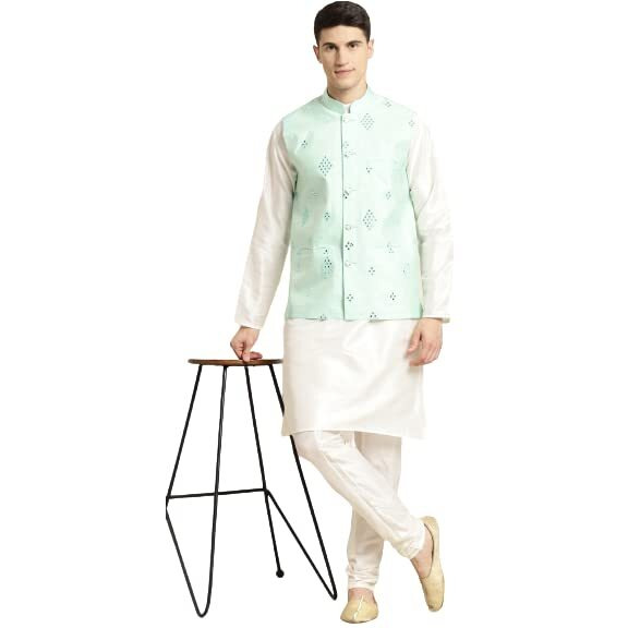 Sojanya (Since 1958 Men's Silk Blend Off White Kurta & Churidaar Pyjama With Sea Green Nehru Jacket Set