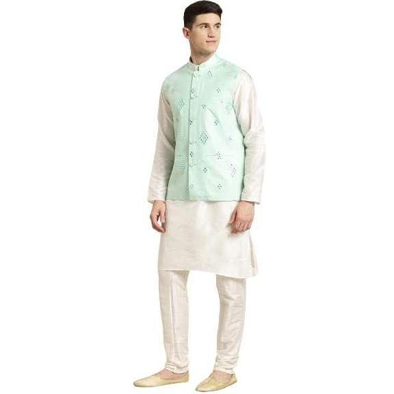 Sojanya (Since 1958 Men's Silk Blend Off White Kurta & Churidaar Pyjama With Sea Green Nehru Jacket Set