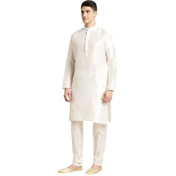 Sojanya (Since 1958 Men's Silk Blend Off White Kurta & Churidaar Pyjama With Sea Green Nehru Jacket Set