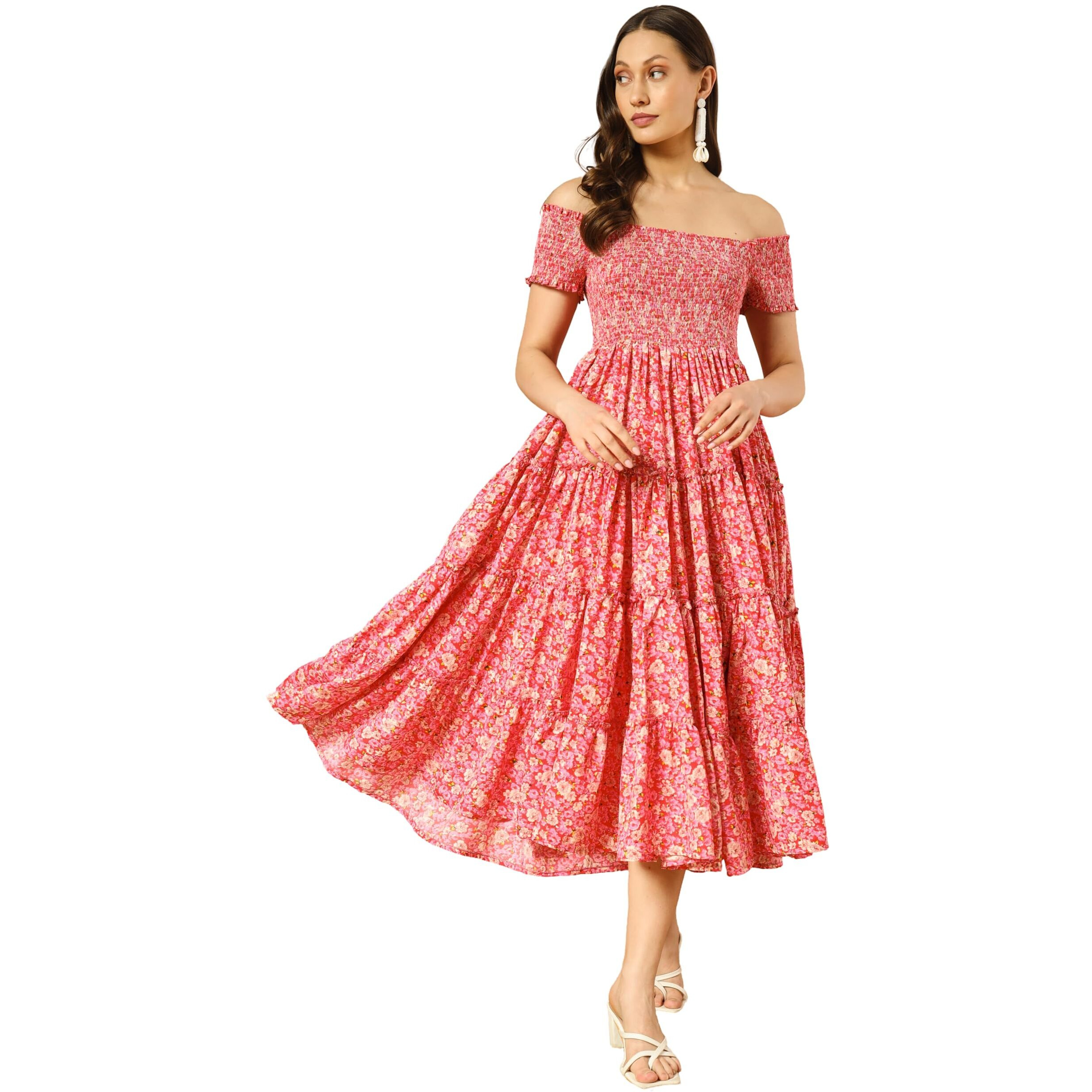 Kzully Women's Crepe Smocked Midi Dress (7001-Pink-Flower-M-Print_Pink